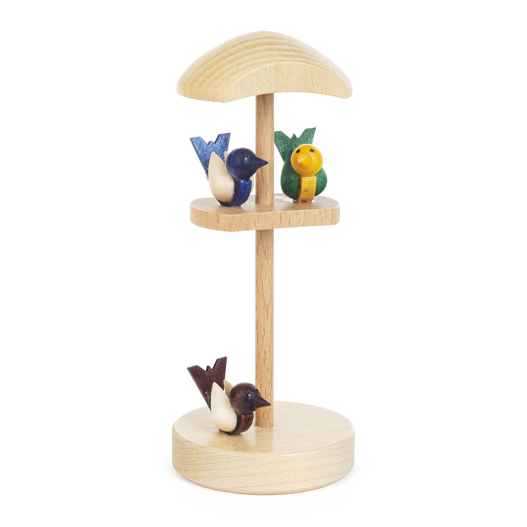 A small wooden birdhouse with three colorful wooden birds perched on different levels. im Dregeno Online Shop günstig kaufen