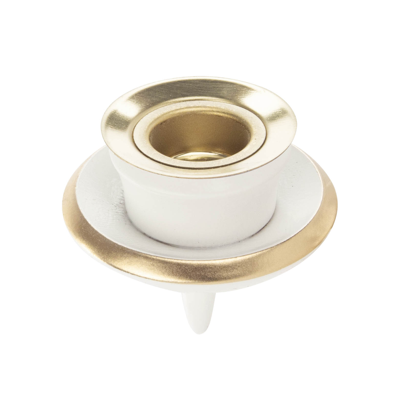 A white replacement spout with a pin, featuring a gold-colored rim and top, designed for a specific model, part number 085/902. im Dregeno Online Shop günstig kaufen