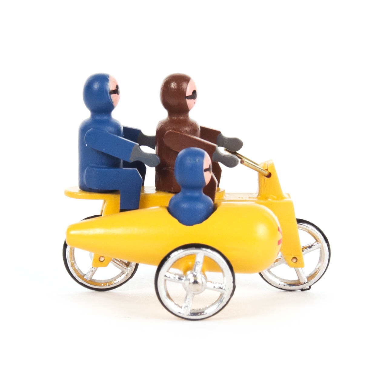 A small yellow toy motorcycle with a sidecar, featuring two seated figures on the bike and one in the sidecar.