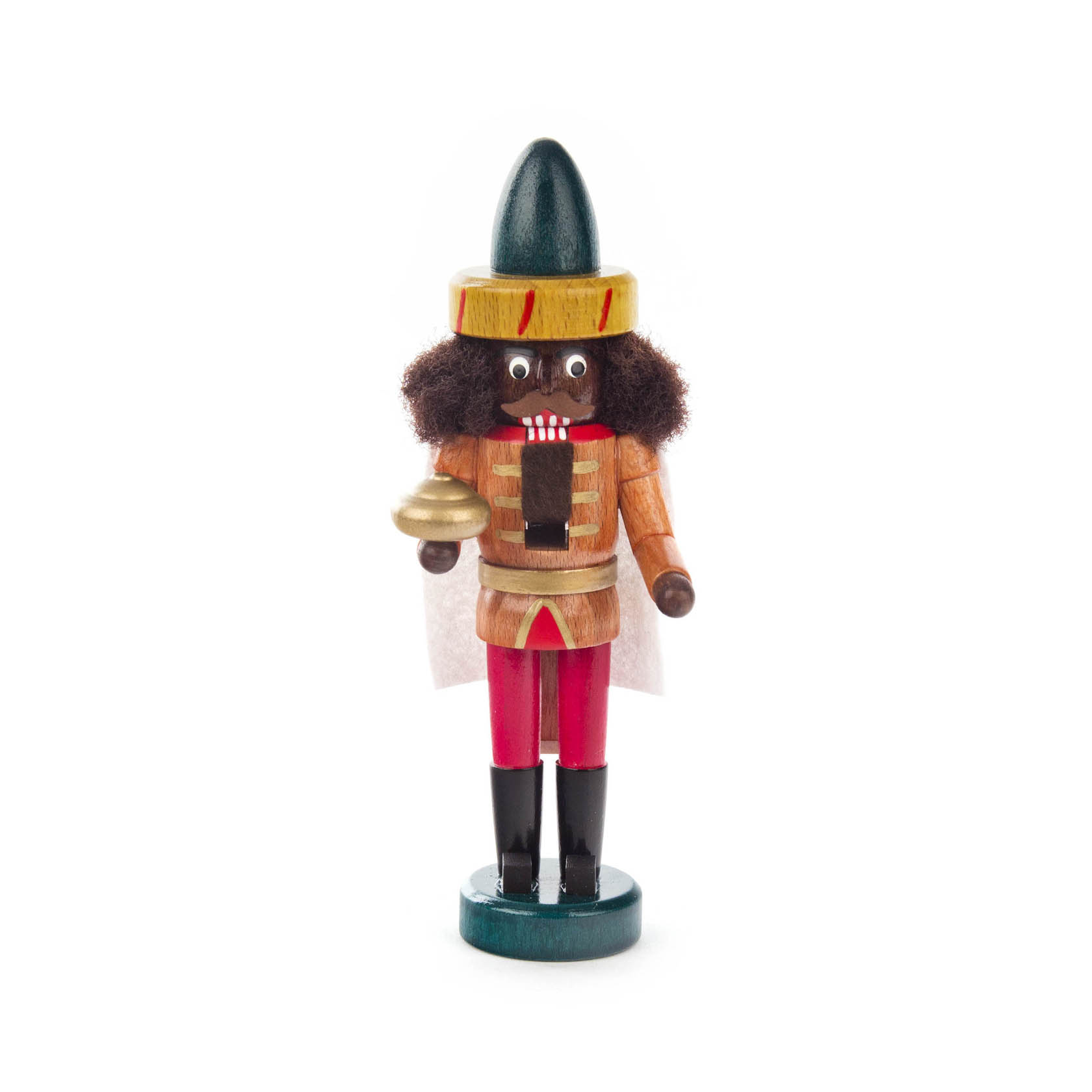 A 15cm mini nutcracker figure named Balthasar, with dark skin, curly hair, and a colorful soldier outfit, holding a gift. im Dregeno Online Shop günstig kaufen