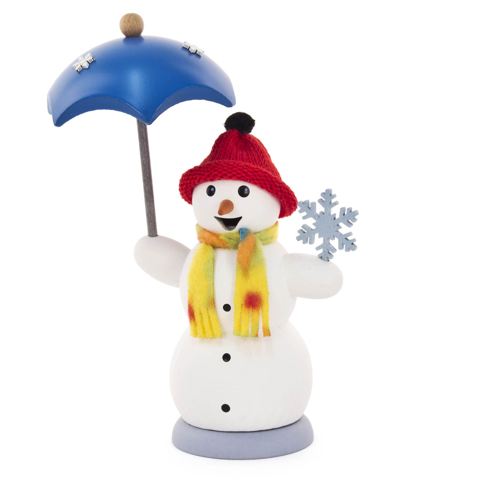 Räucherfrau in Form einer Schneefrau mit roter Mütze, gelbem Schal und blauem Schirm in der Hand. im Dregeno Online Shop günstig kaufen