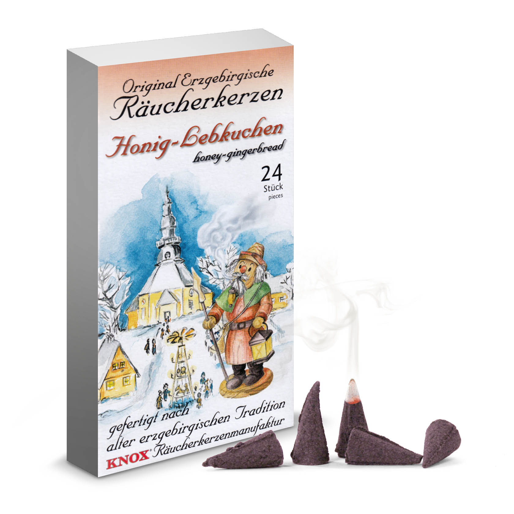 Verpackung der KNOX Räucherkerzen Honig-Lebkuchen mit einem weihnachtlichen Motiv und vier sichtbaren Räucherkerzen in Kegelform. im Dregeno Online Shop günstig kaufen