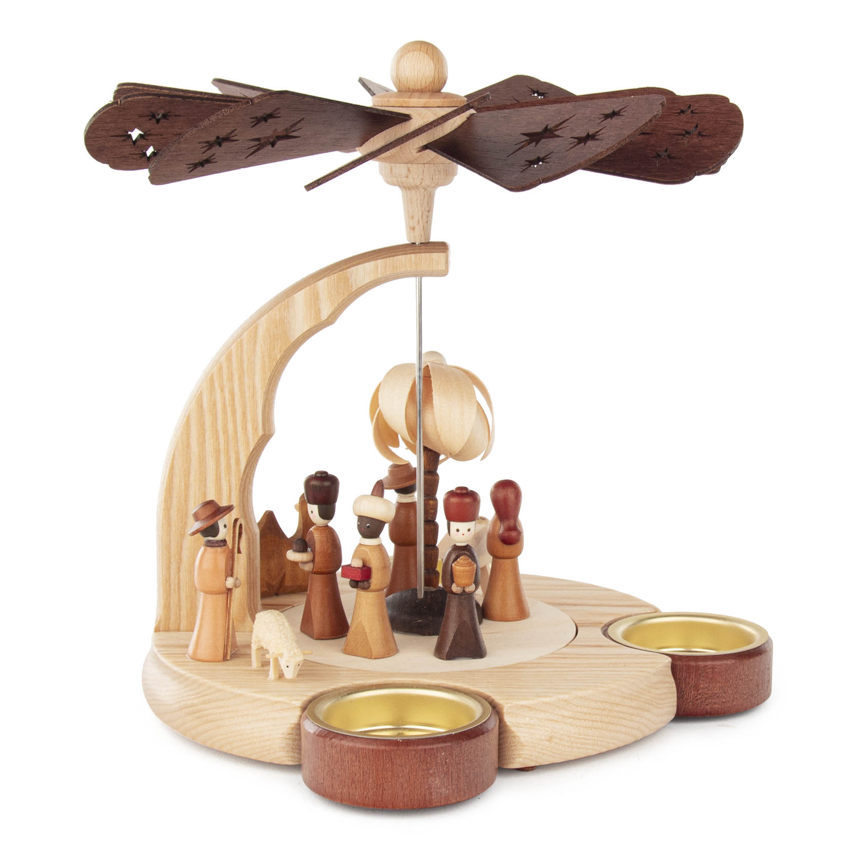 Holz-Pyramide mit Szenen der Geburt Christi, umgeben von Figuren wie Maria, Josef, Engel und Hirten. Zwei Teelichthalter sind integriert. im Dregeno Online Shop günstig kaufen