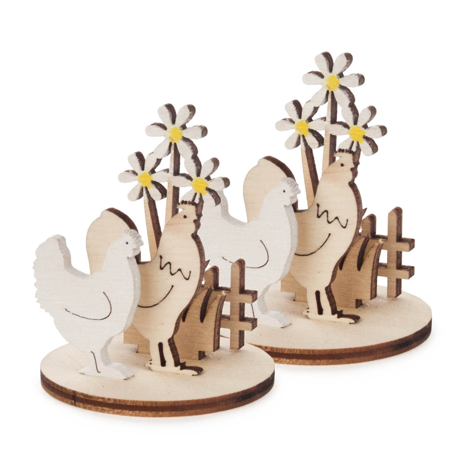 Two wooden figurines featuring hens and decorative flowers, positioned on round bases, designed as craft pieces for decoration. im Dregeno Online Shop günstig kaufen