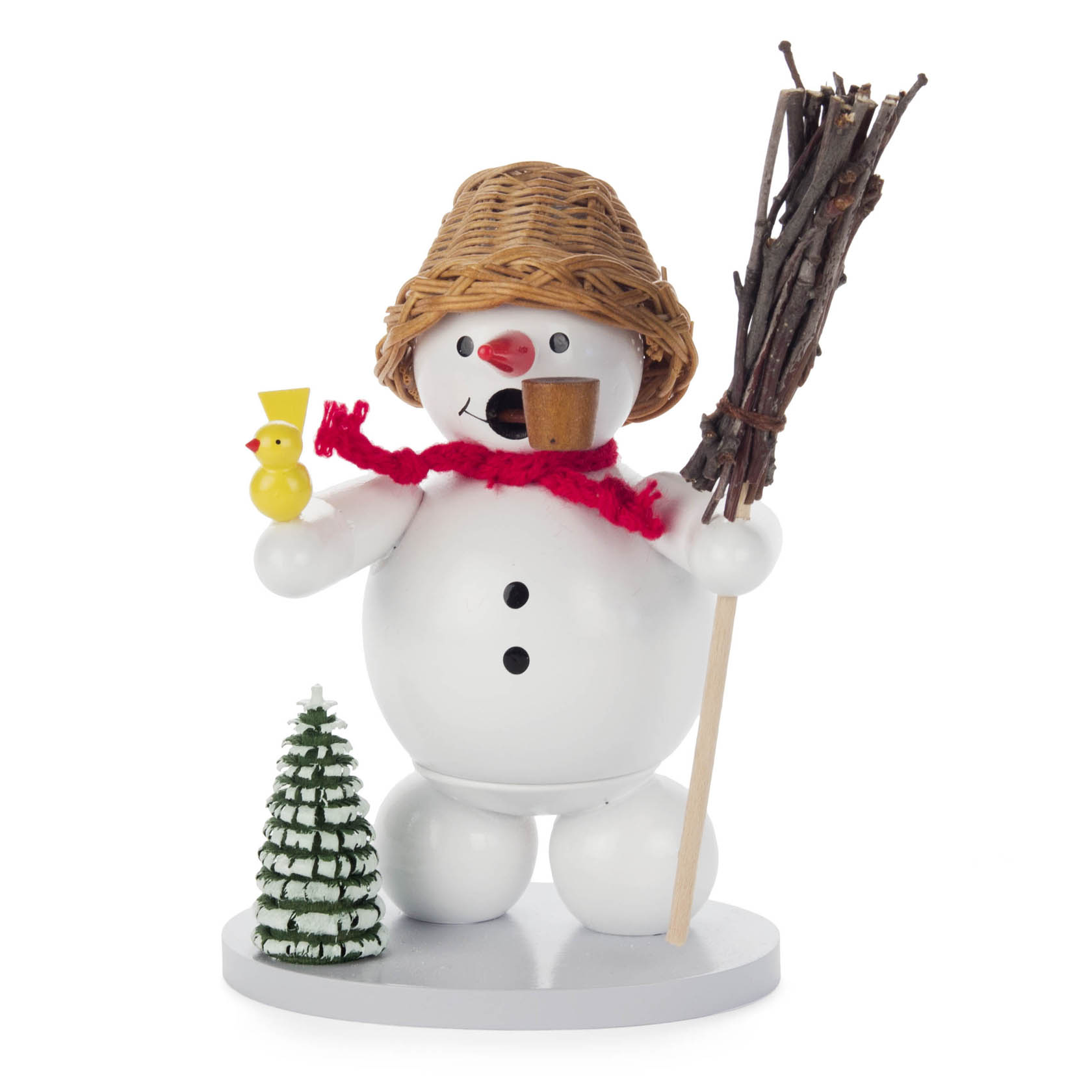 Räuchermann Schneemann mit Korbhut, Baum und Vogel