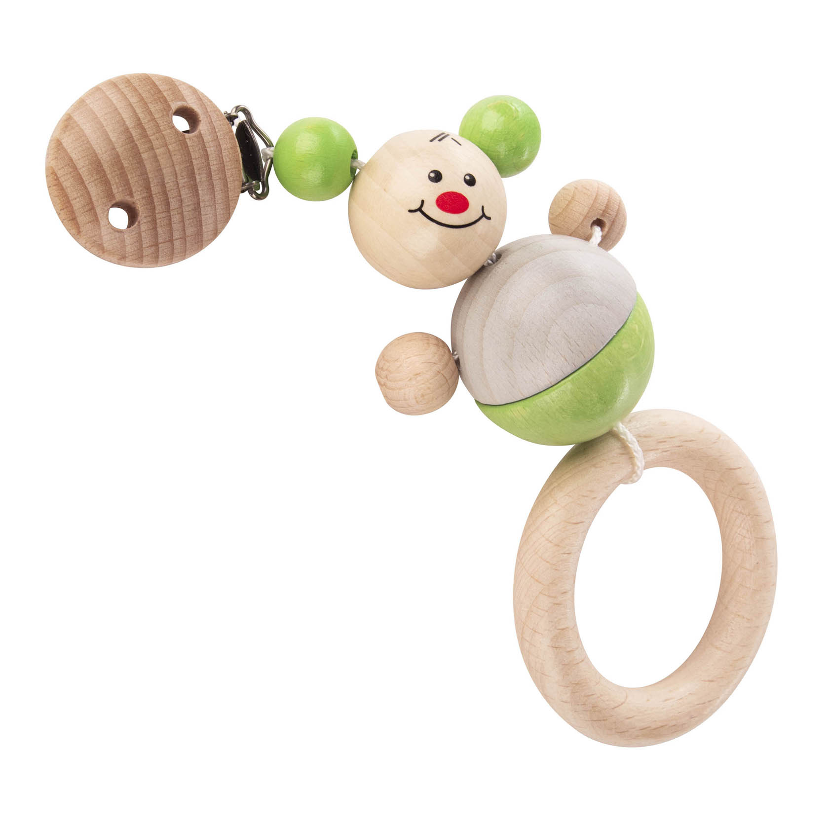 Wooden mouse stroller clip toy in natural and apple green colors with a wooden ring and cheerful face. im Dregeno Online Shop günstig kaufen