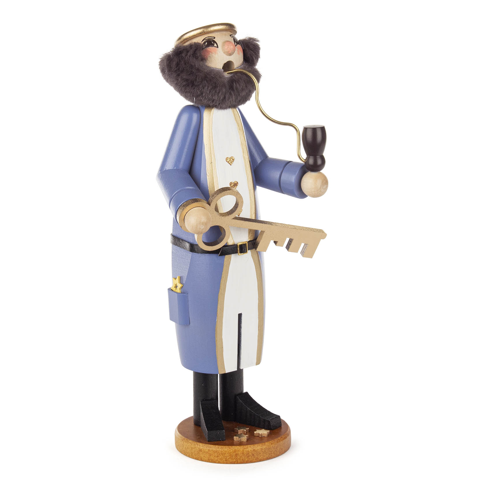 A wooden smoker figure of Saint Peter, wearing a blue coat, white robe, and holding a large golden key and a pipe, with a golden halo on his head.