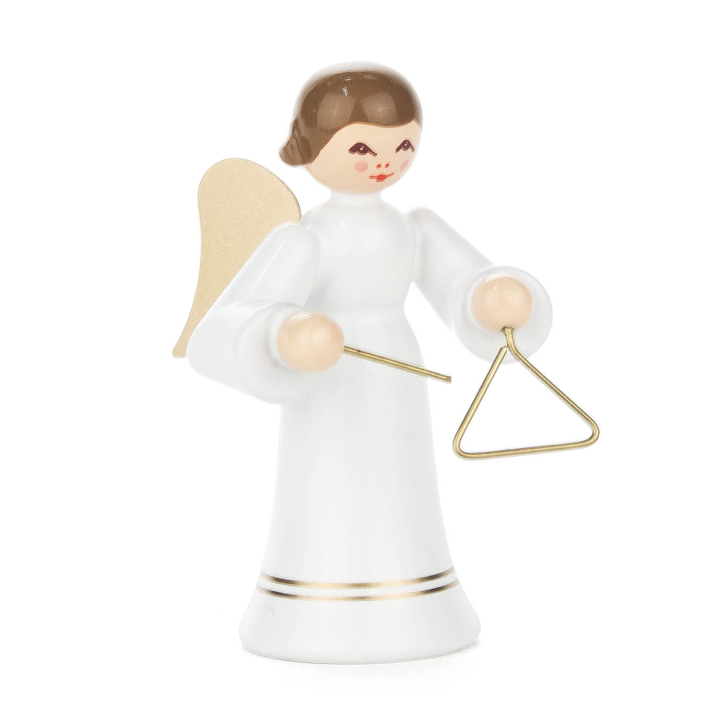 Eine stilisierte Engel-Figur mit weißen Flügeln, einem langen weißen Rock und einem goldenen Triangel in der Hand. im Dregeno Online Shop günstig kaufen