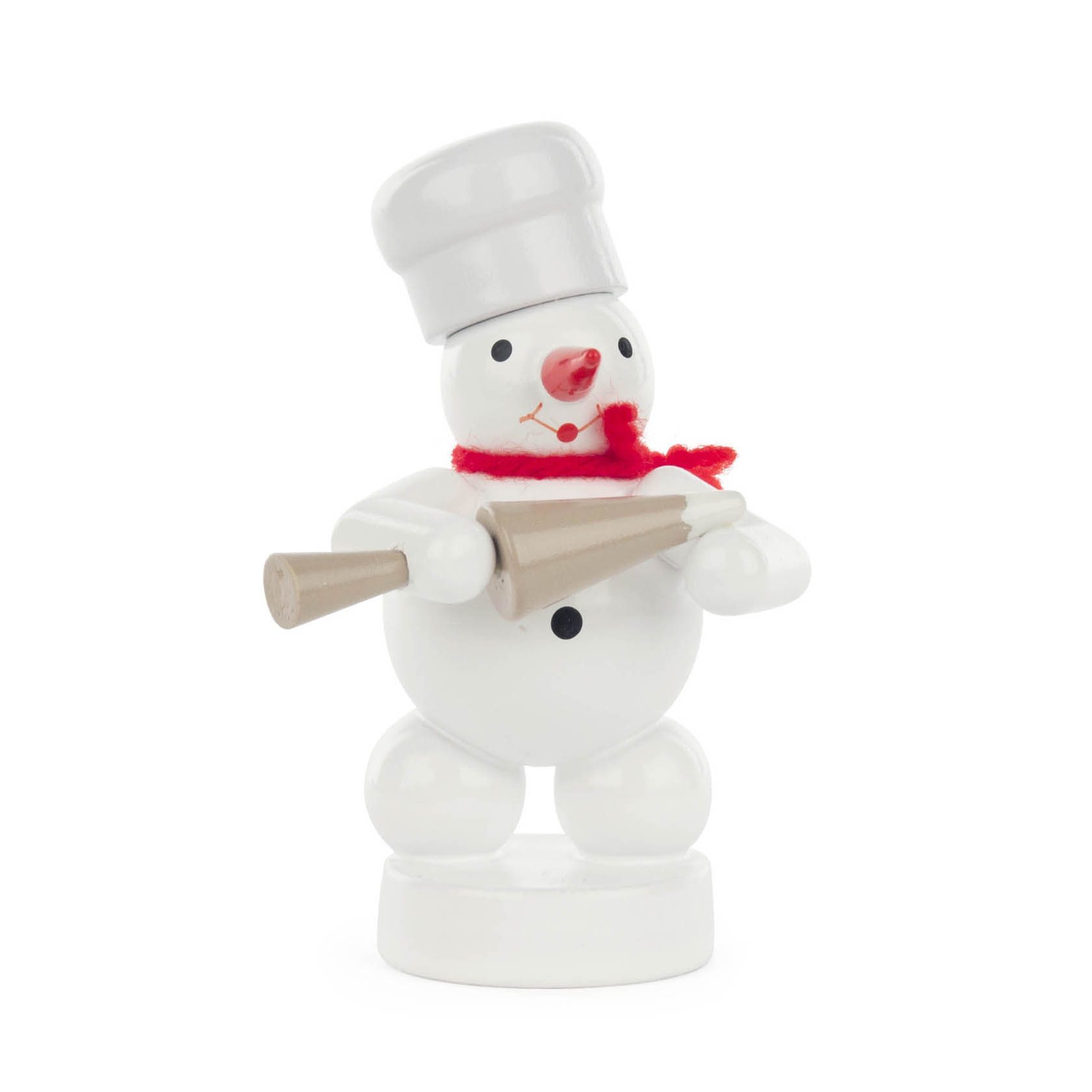 A snowman figurine with a baker's hat and a red scarf holds a piping bag as if preparing to decorate or bake. im Dregeno Online Shop günstig kaufen