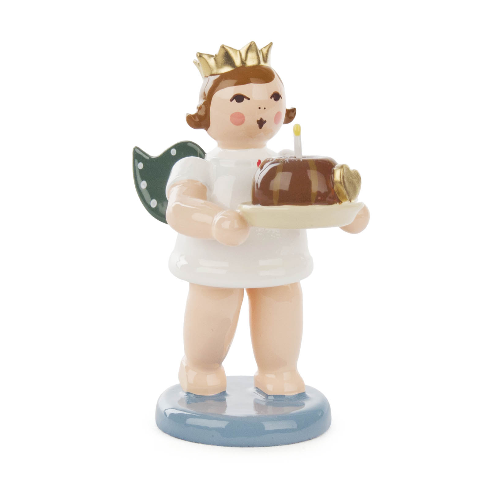 Figurine of a baker angel with green wings, wearing a golden crown, holding a plate with a chocolate cake topped with a candle. im Dregeno Online Shop günstig kaufen