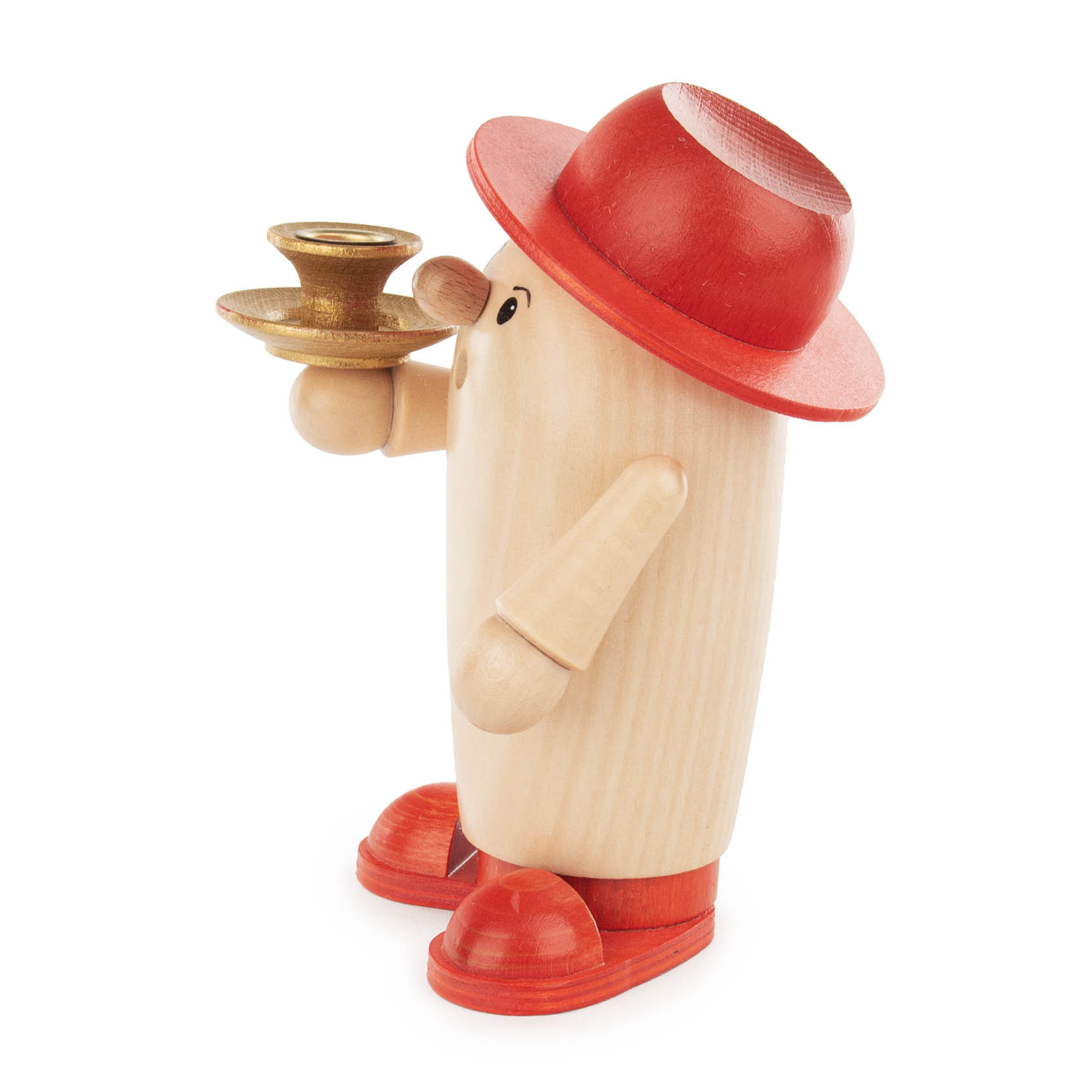 Wooden incense figure with a red hat and shoes, holding a candle holder suitable for 14mm wax or LUMIX candles.