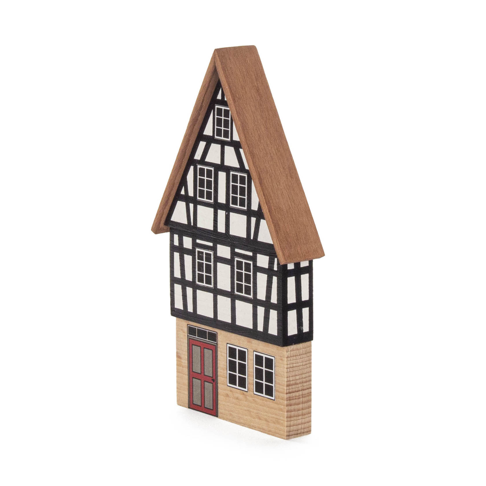 Modell eines Giebelhauses mit Fachwerk und roten Türen. Das Haus ist in einem minimalistischen Stil gehalten.