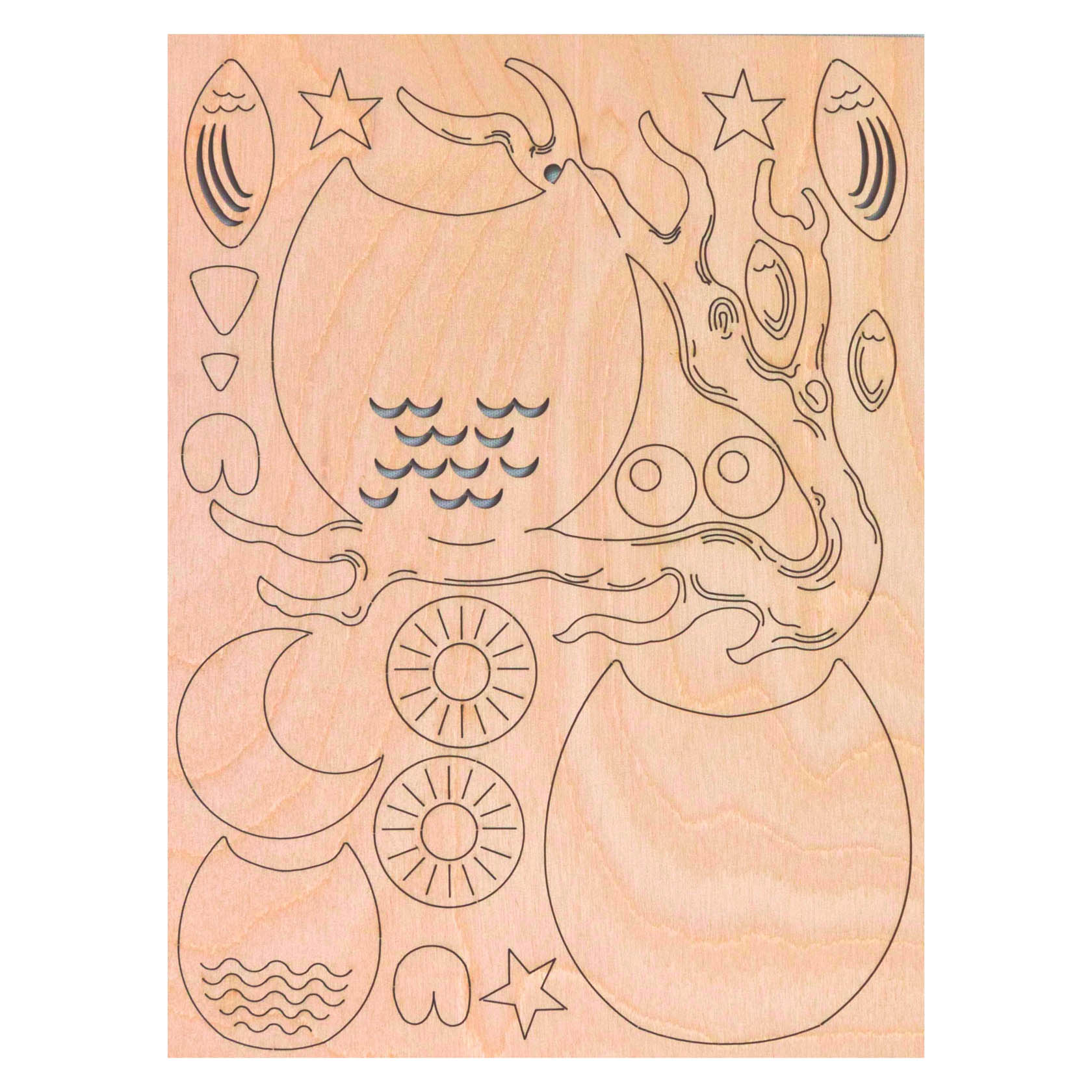 Wooden craft kit containing outlined pieces for assembling a 13x11cm owl window decoration.
