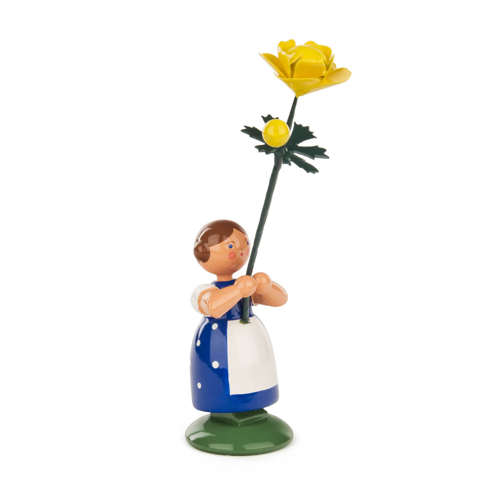 A figurine of a girl in a blue dress with white apron holding a tall yellow globe flower. im Dregeno Online Shop günstig kaufen