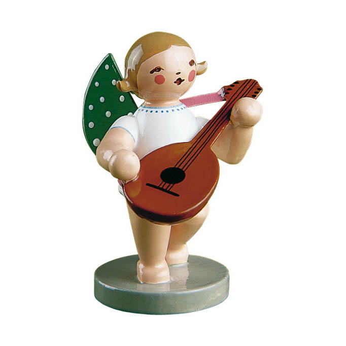 A wooden angel figurine with short blond hair, wearing a white dress and green polka-dotted wings, playing a brown lute. im Dregeno Online Shop günstig kaufen