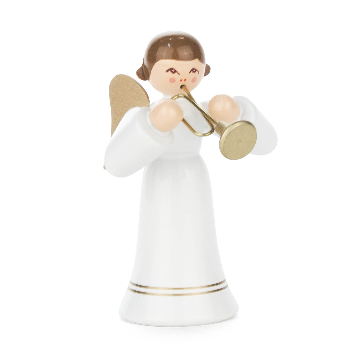 Holzfigur eines Engels mit braunem Haar, goldenen Flügeln, der eine Trompete spielt. Der Engel trägt ein langes, weißes Gewand. im Dregeno Online Shop günstig kaufen