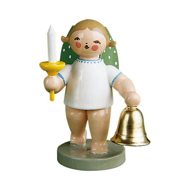 Figur eines Engels mit grünen Flügeln und weißen Punkten, hält eine Kerze in der rechten Hand und eine goldene Glocke in der linken Hand. im Dregeno Online Shop günstig kaufen