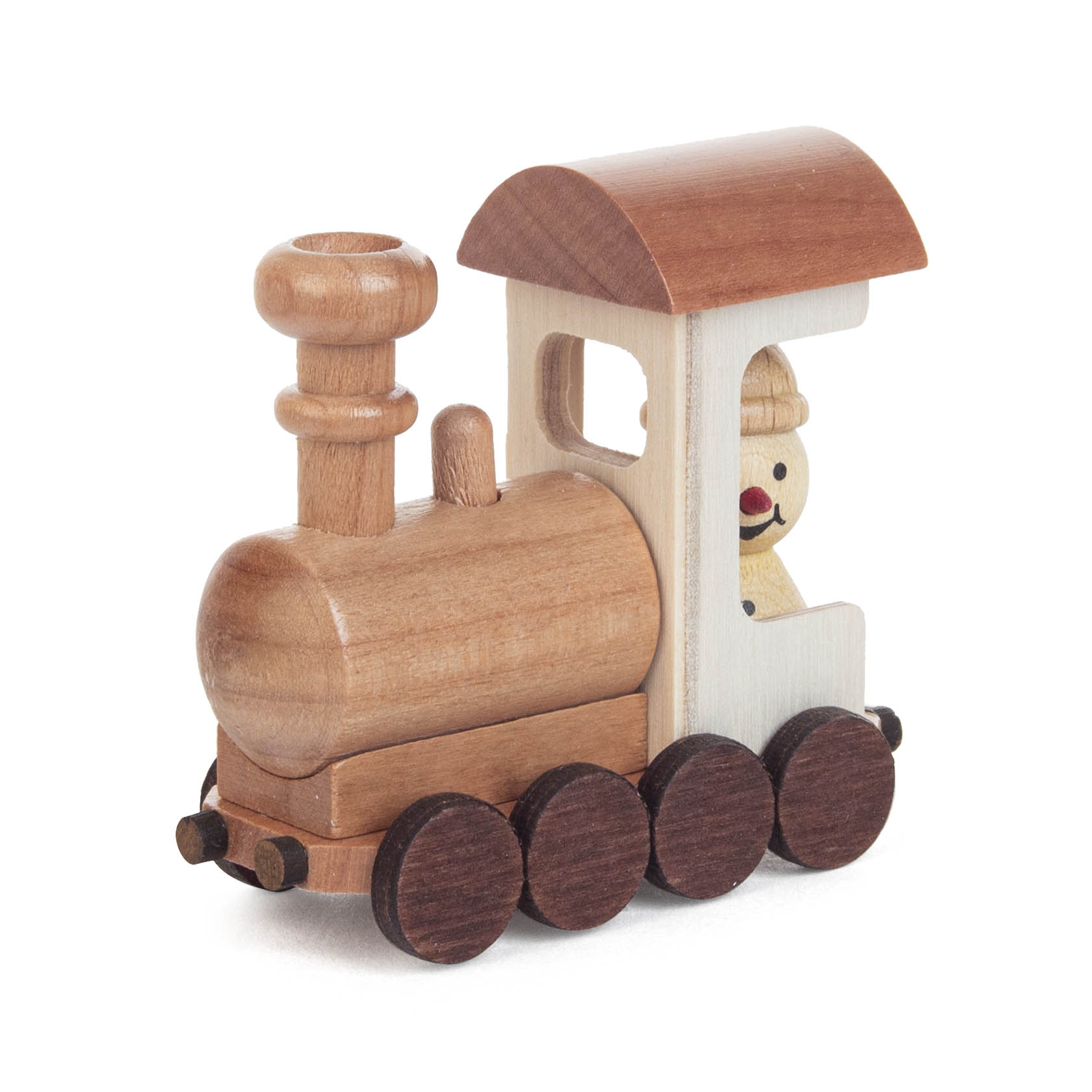 Holzspielzeuglokomotive mit sechs dunklen Rädern und einem lachenden Figurenkopf im Fenster.