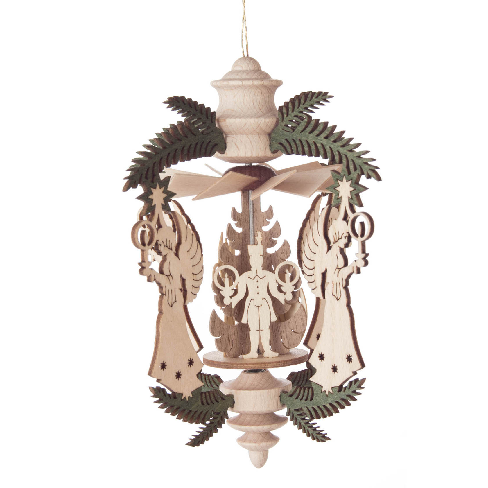 Holzbaumschmuck in Form eines Wärmespiels mit zwei Engeln und einem Bergmann in der Mitte, umgeben von grünen Zweigen, zum Hängen. im Dregeno Online Shop günstig kaufen