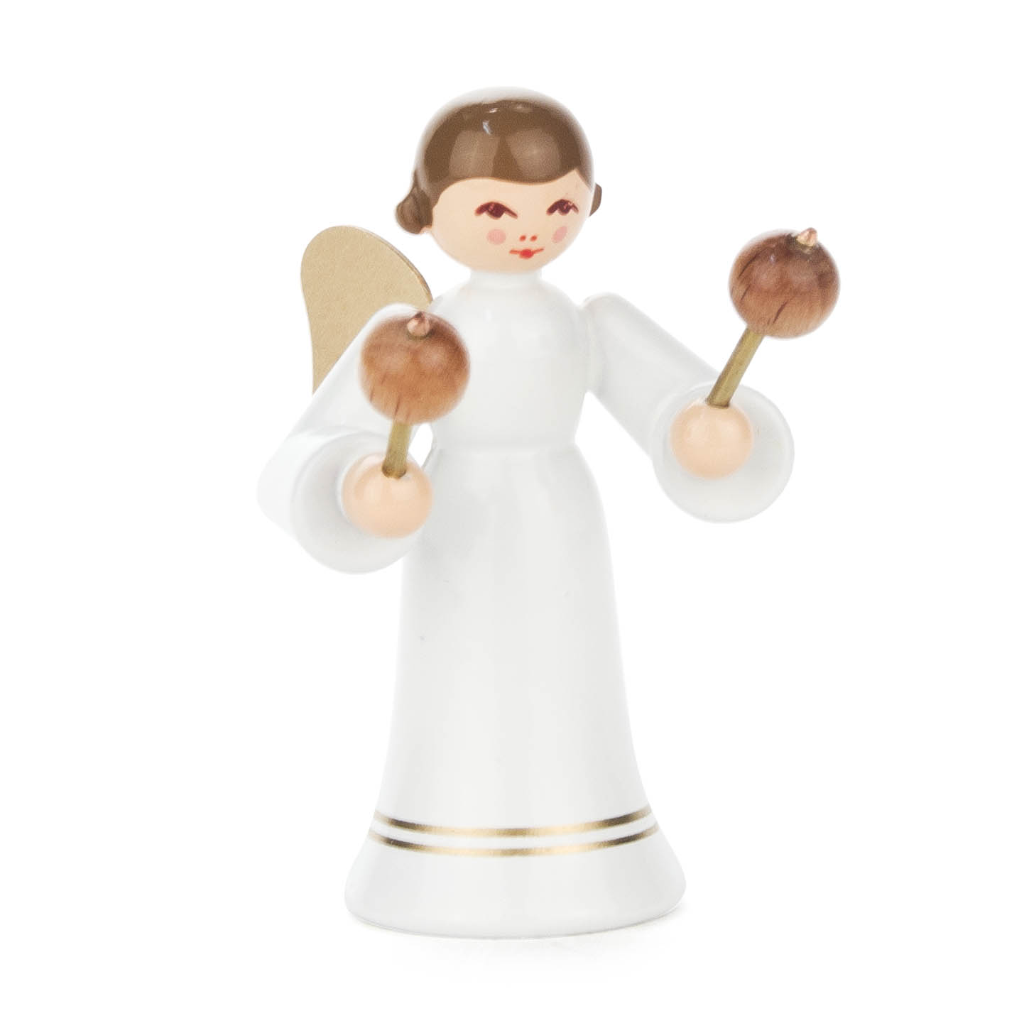 Kleiner Engel mit braunem Haar und goldenen Flügeln, hält zwei Rumbakugeln in der Hand, trägt ein langes weißes Kleid mit goldenen Akzenten. im Dregeno Online Shop günstig kaufen