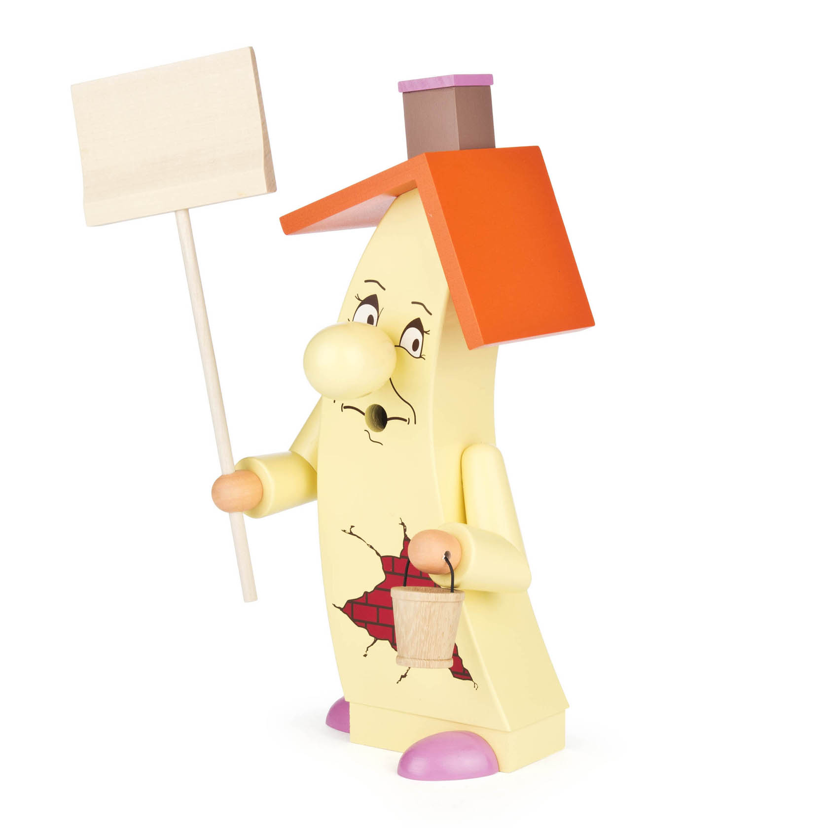 Wooden incense figure shaped like a house with an orange roof, holding a small bucket and a blank sign. im Dregeno Online Shop günstig kaufen