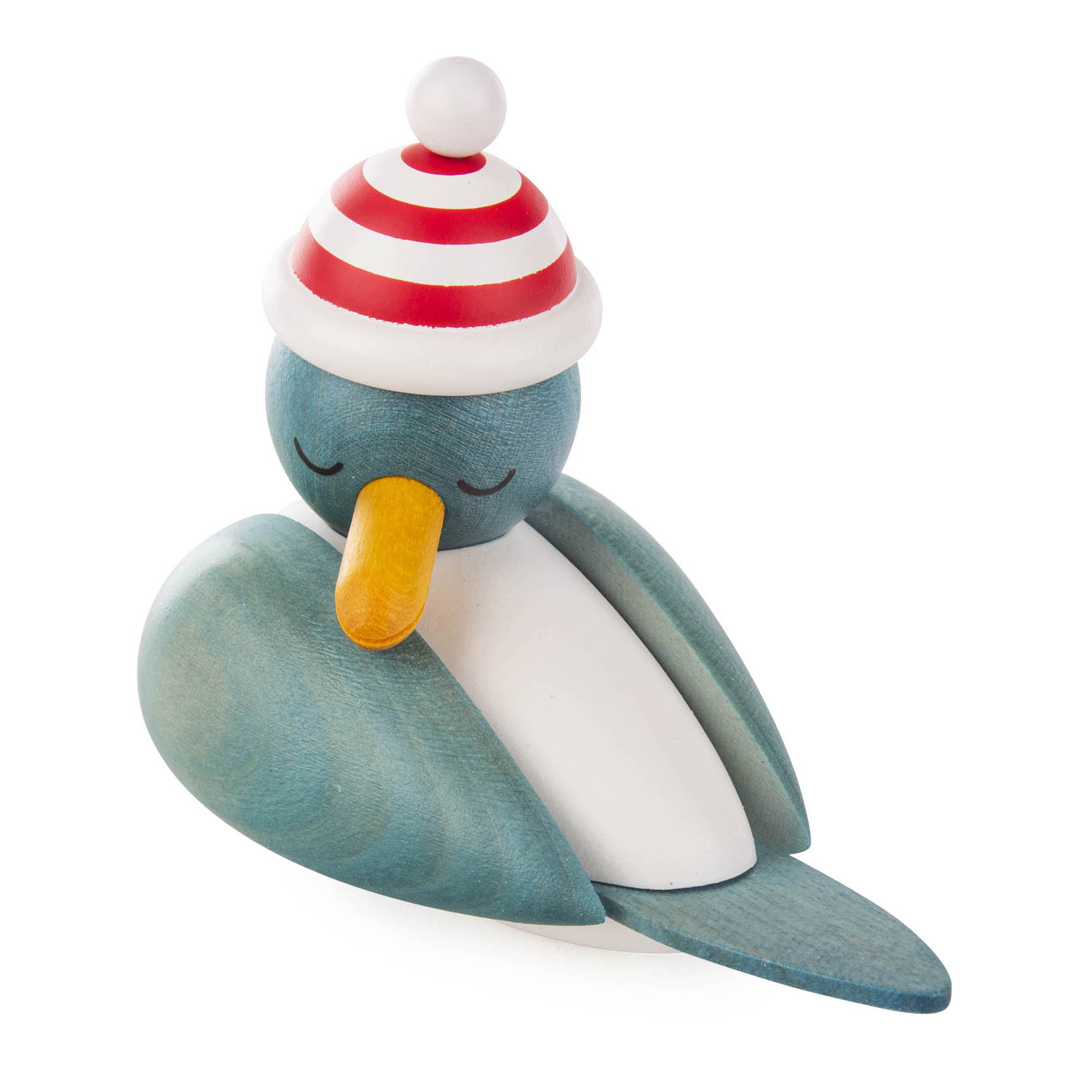 A blue sleeping seagull with a closed beak and eyes, wearing a red and white striped beanie.