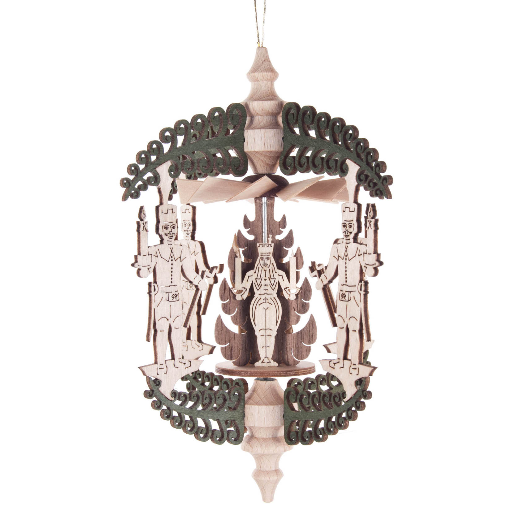 Hängender hölzerner Rollbaum mit filigranen Figuren von Bergmann, Engel und Räuchermann, umgeben von grünen Verzierungen.
