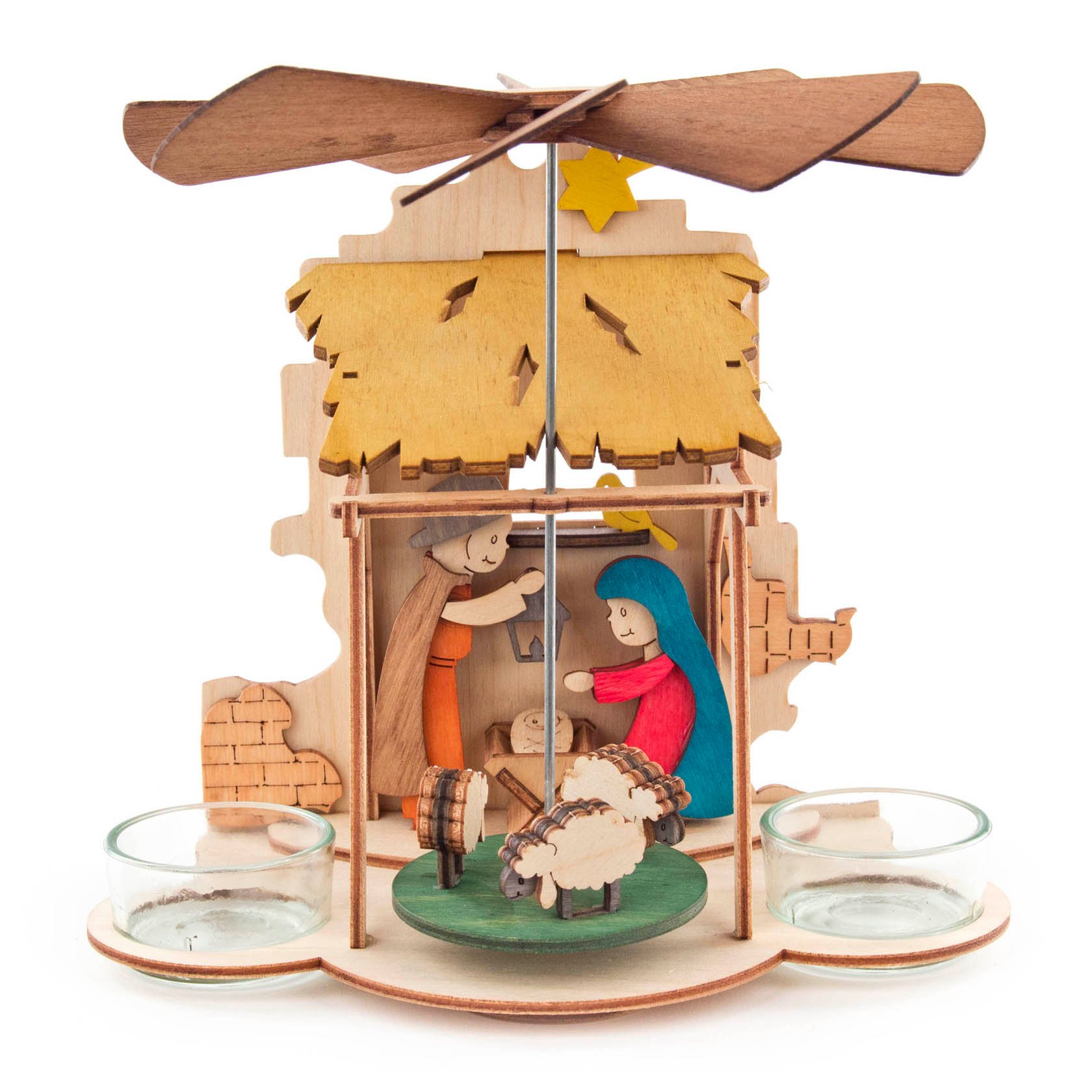 Holz-Bastelset für eine Wand- oder Tischpyramide mit einer Krippenszene, bestehend aus Josef, Maria, Jesuskind und zwei Schafen samt Teelichthaltern. im Dregeno Online Shop günstig kaufen