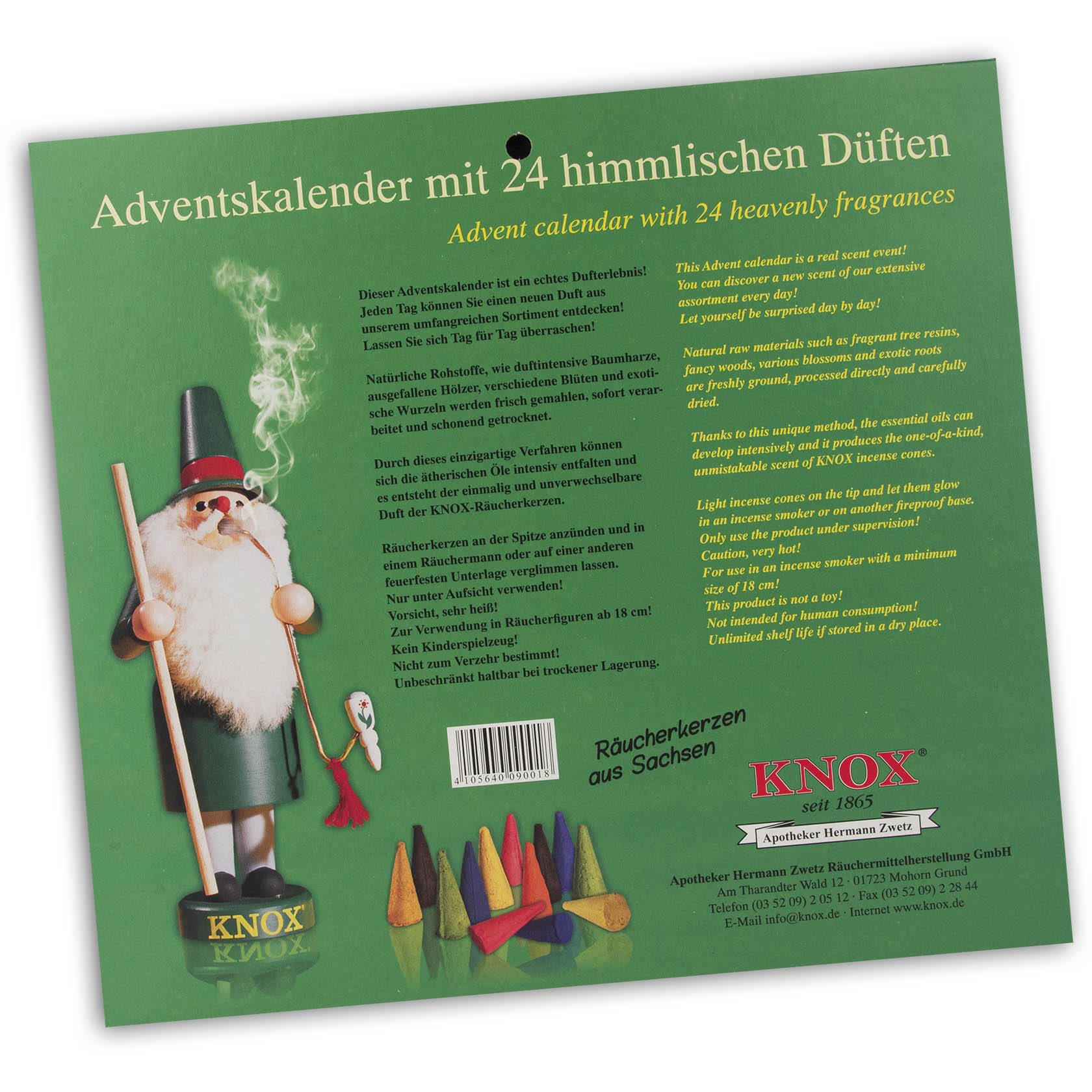 Ein KNOX Adventskalender mit einem Motiv von einem rauchenden Weihnachtsmann, der einen grünen Mantel trägt und eine Pfeife raucht.