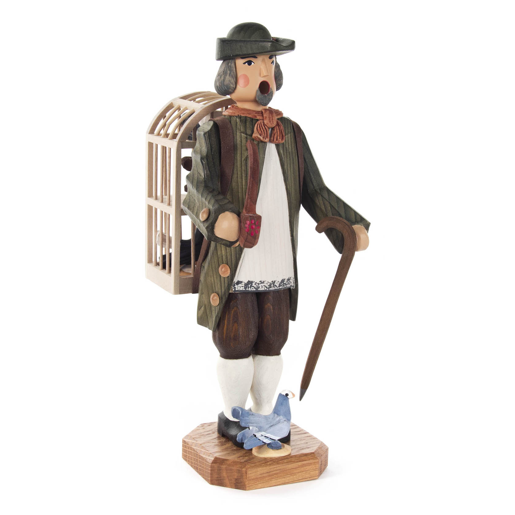 Räuchermann-Figur 'Vogelhändler' mit grünem Mantel, Hut, Stock und Vogelkäfig auf dem Rücken, mit Tauben zu seinen Füßen. im Dregeno Online Shop günstig kaufen