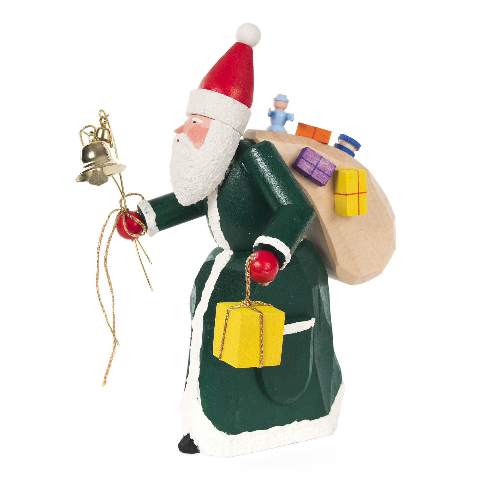 Weihnachtsmann mit Geschenken und Glocken grün, geschnitzt im Dregeno Online Shop günstig kaufen