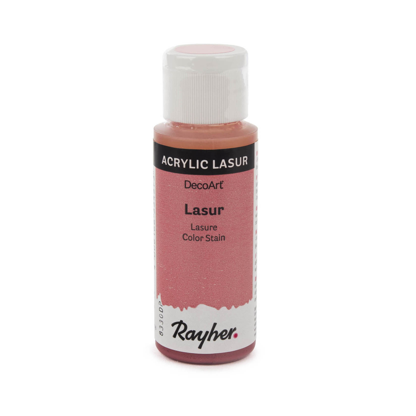 Eine 59ml Flasche roséfarbener Acryl-Lasur von Rayher mit weißem Verschluss und schwarzem Etikett. im Dregeno Online Shop günstig kaufen