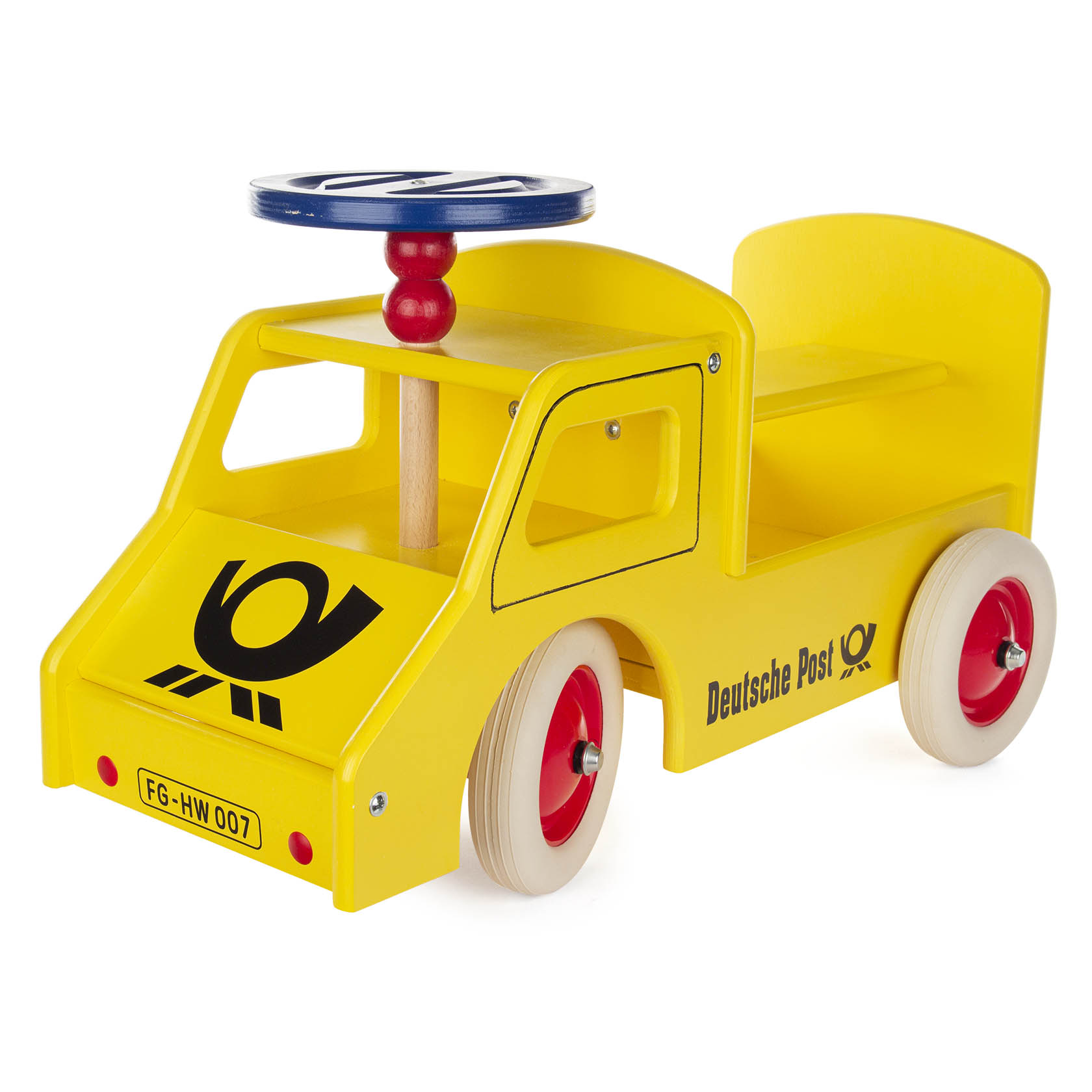 Postauto-Rutscher mit Lenkung, gelb lackiert mit Aufdruck u.Kunststoffrädern im Dregeno Online Shop günstig kaufen