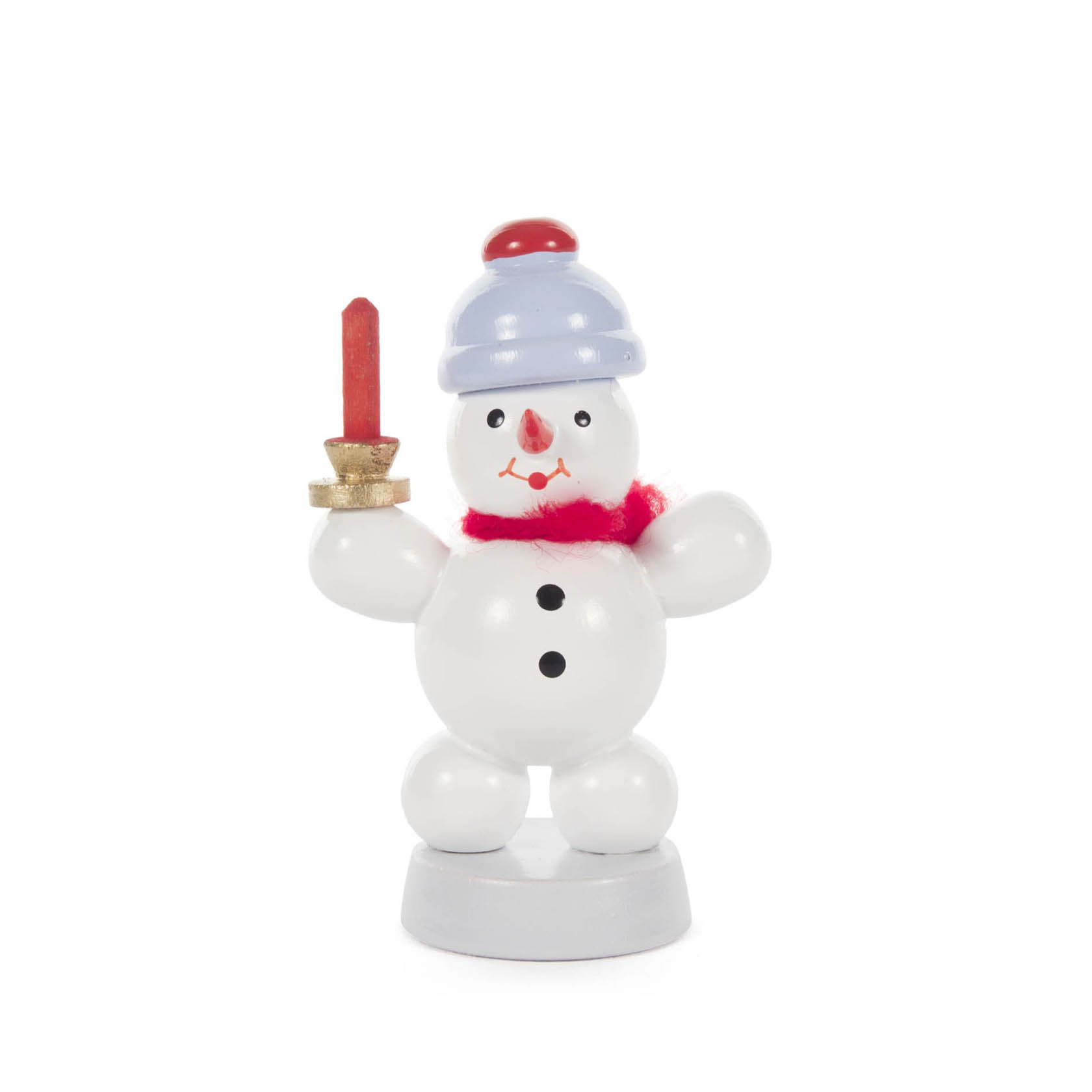 A smiling snowman figure with a blue hat, red scarf, red nose, and holding a tall red candle in its right hand. im Dregeno Online Shop günstig kaufen