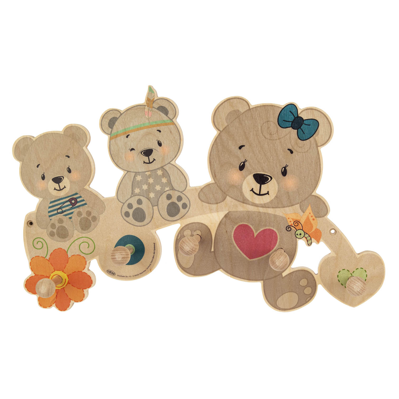 Wooden coat rack with three bear characters, each with distinct accessories, used for hanging clothes. im Dregeno Online Shop günstig kaufen