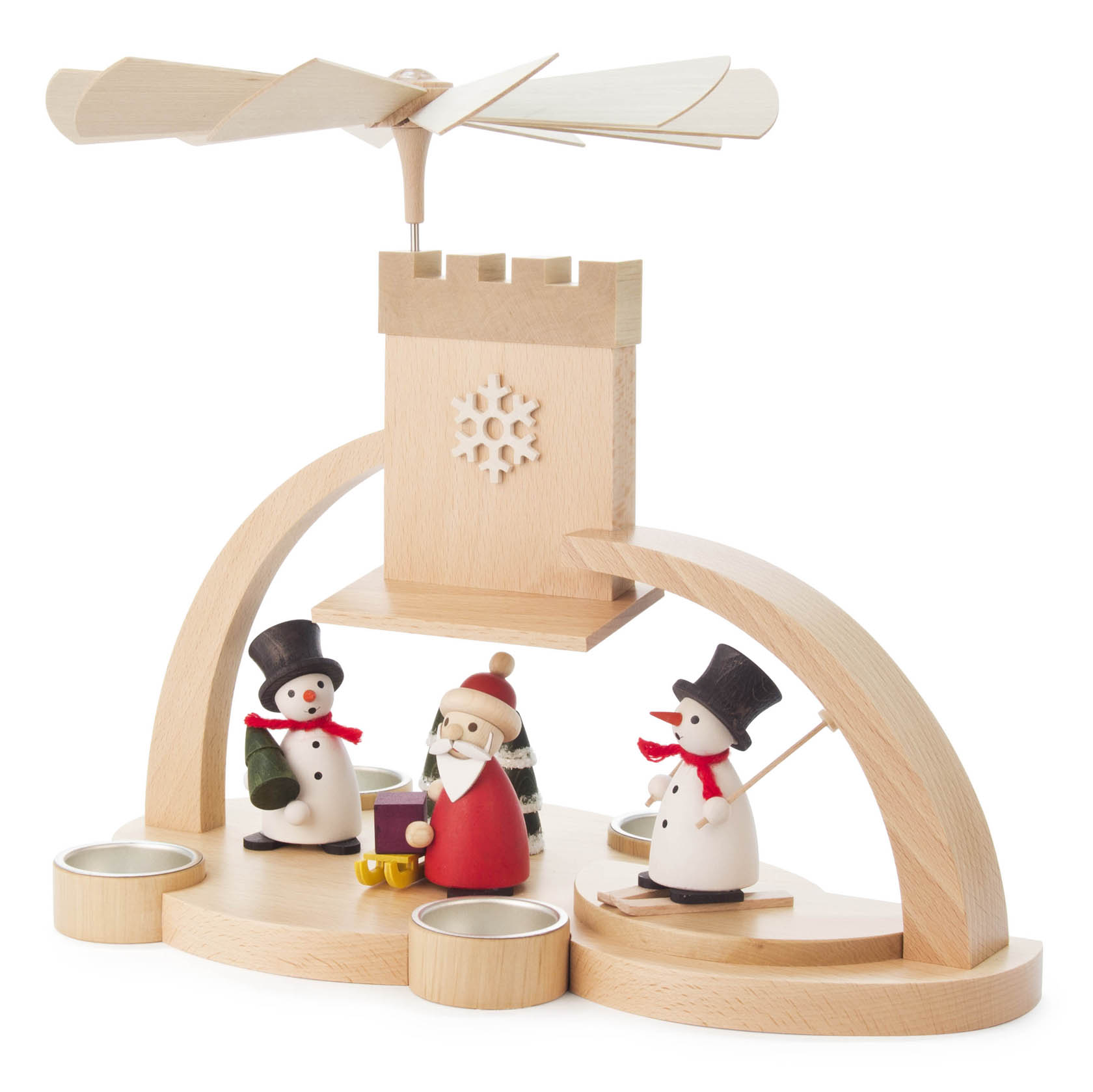Weihnachtspyramide mit Schneemännern und Weihnachtsmann, ohne Laufscheibe, für Teelichte
