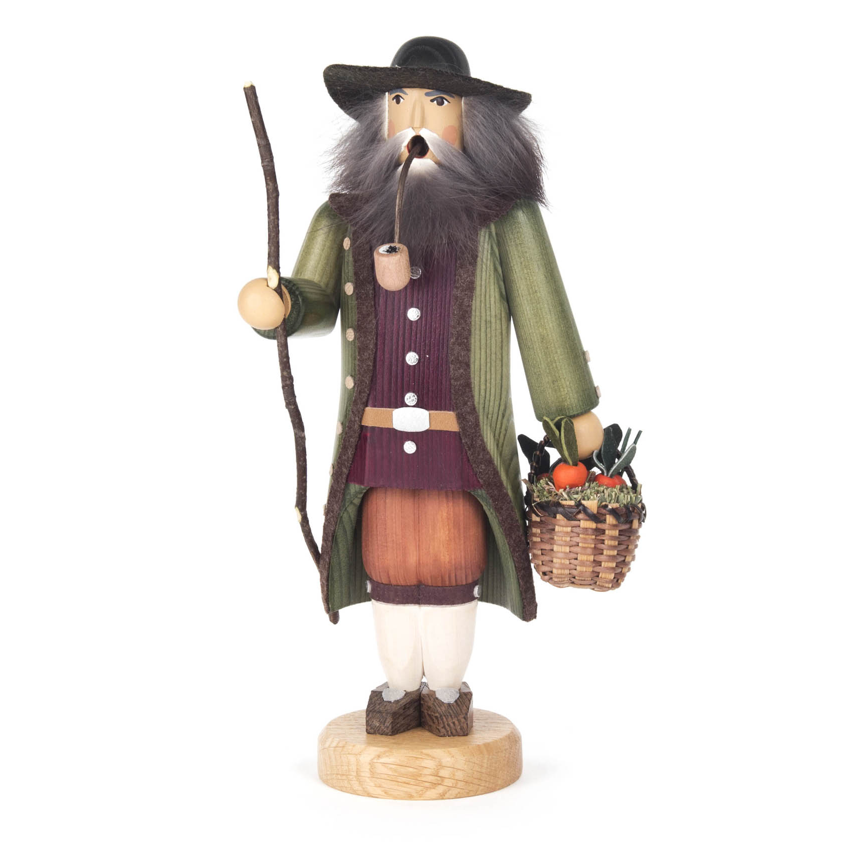 Ein Holz-Räuchermann in Form des Berggeistes Rübezahl, mit langem Bart, Pfeife, Stock und Korb. Trägt einen grünen Mantel und schwarzen Hut. im Dregeno Online Shop günstig kaufen