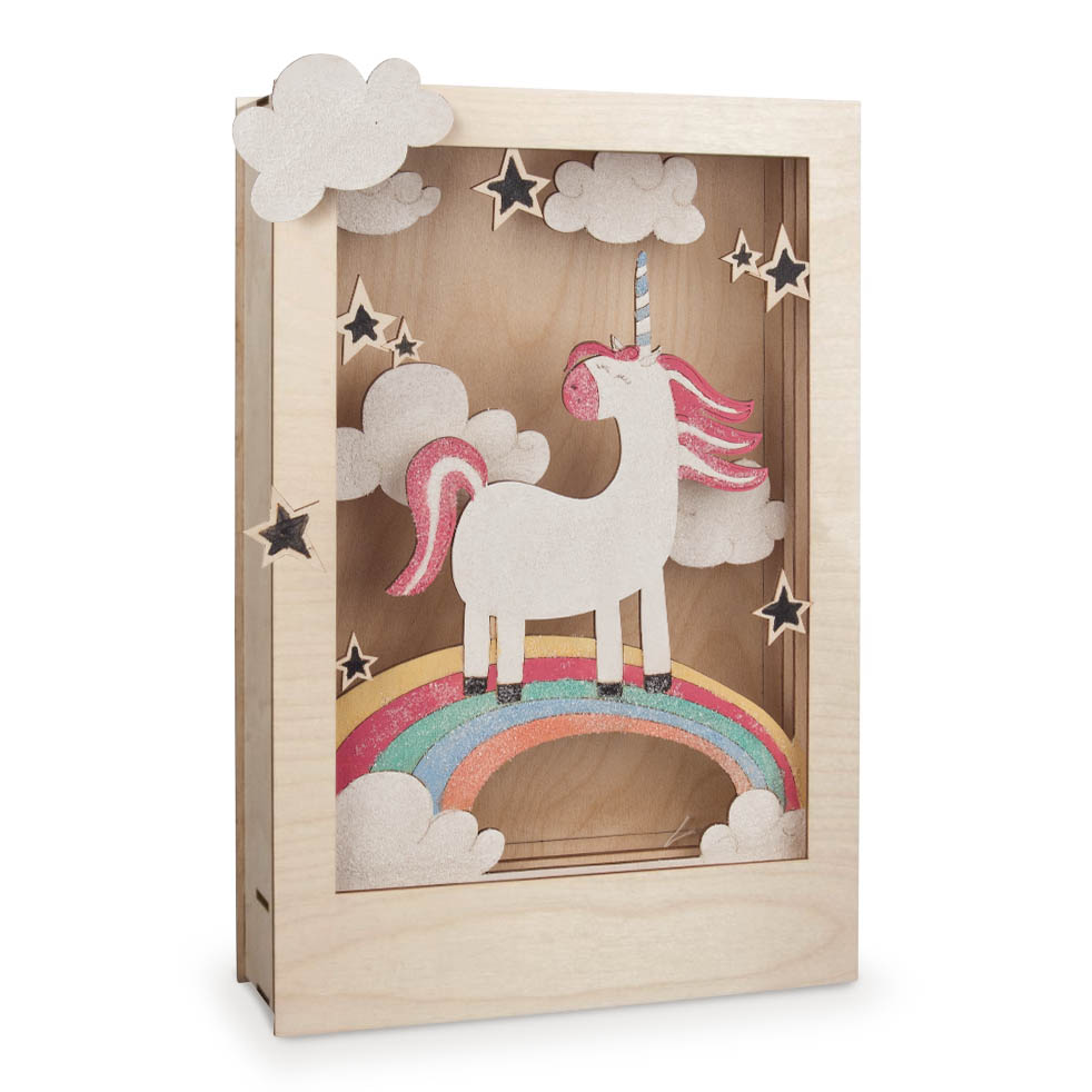 A 3D wooden unicorn model with a rainbow and stars, featuring a white unicorn with a pink mane and tail, standing on a multicolored rainbow.