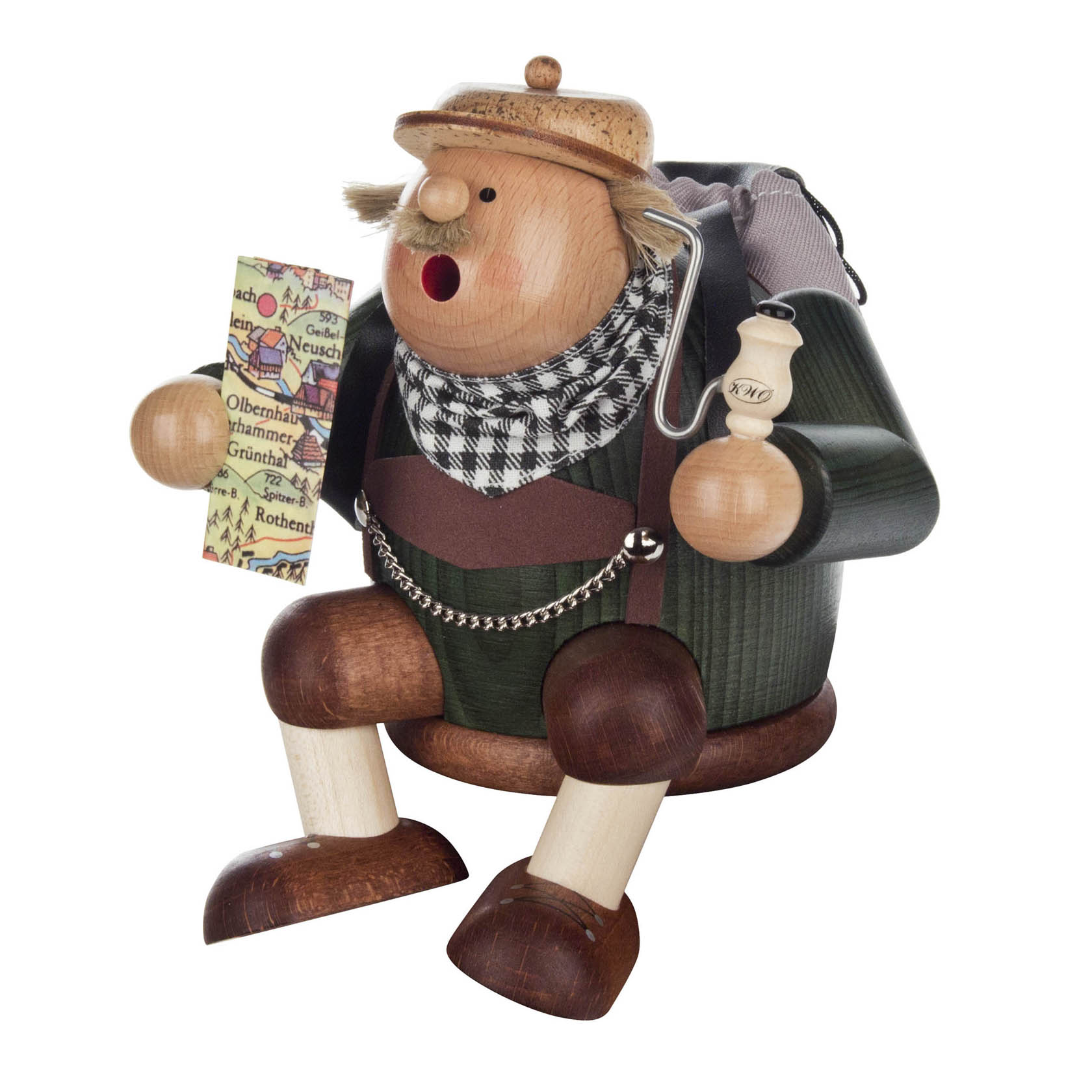 Smoker figure of a tourist wearing a cap, with a map in one hand and a small keg in the other, dressed in green and brown with suspenders and scarf.