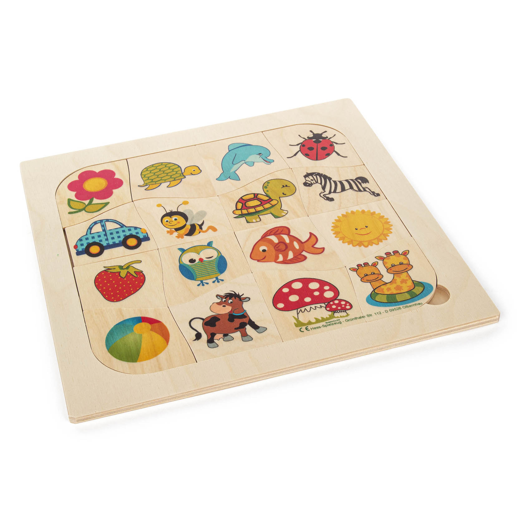 Wooden puzzle with 16 square pieces, each depicting a colorful picture like a flower, turtle, dolphin, ladybug, zebra, car, bee, tortoise, fish, sun, strawberry, owl, cow, mushroom, crown, and beach ball. im Dregeno Online Shop günstig kaufen