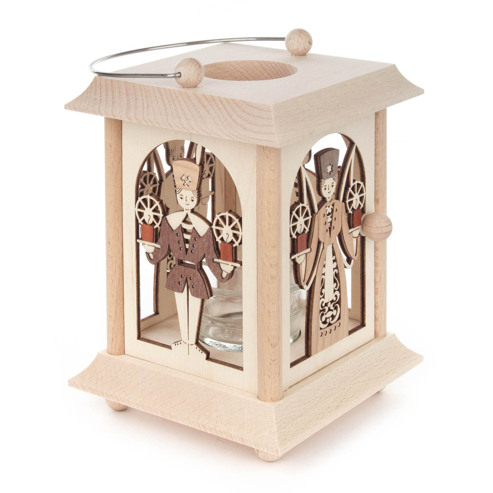 A decorative wooden table lantern with cut-out designs of an angel and a miner, designed to hold a tealight or votive candle inside.