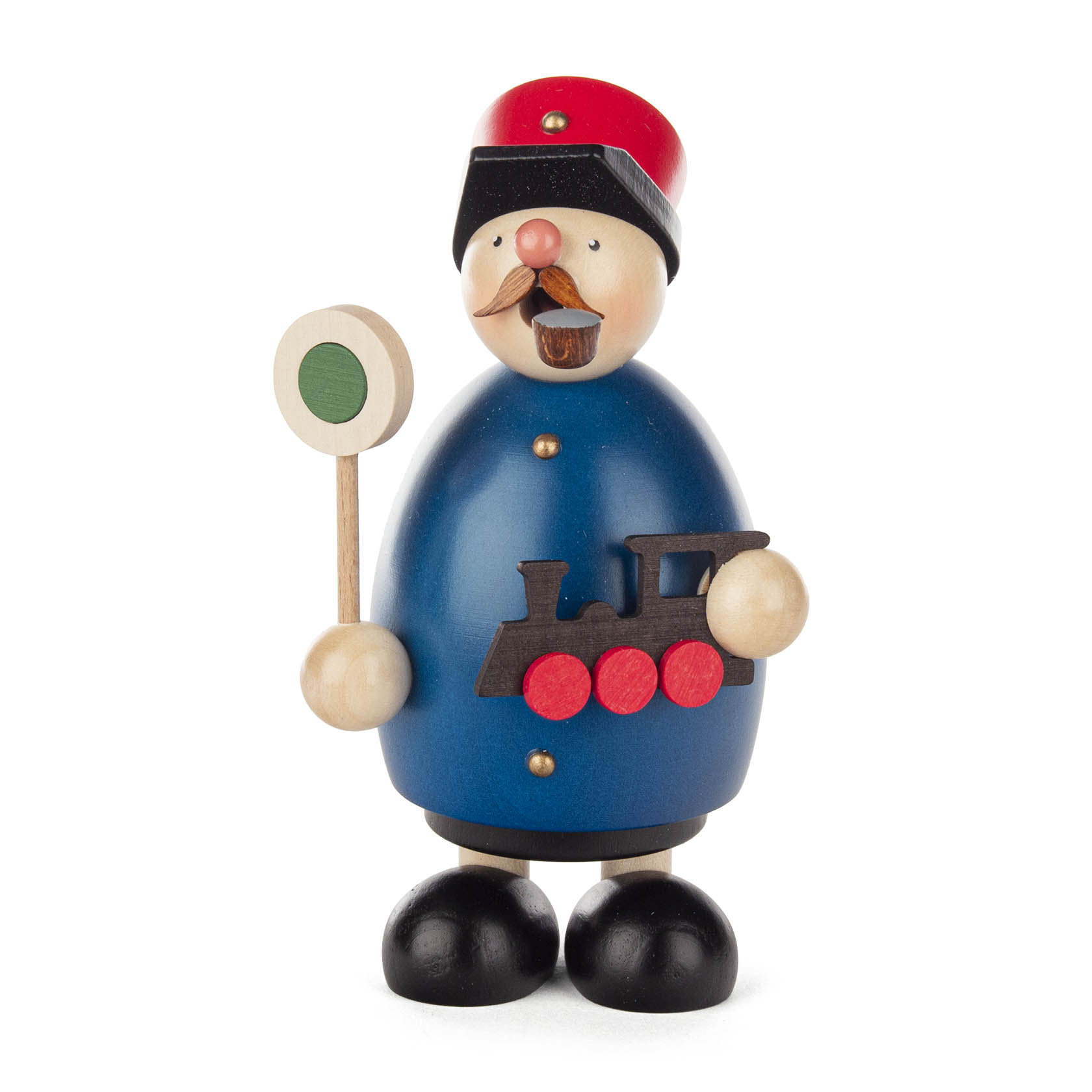 Wooden incense smoker figure resembling a train conductor, with a blue coat, holding a wooden train and a sign with a green dot. im Dregeno Online Shop günstig kaufen