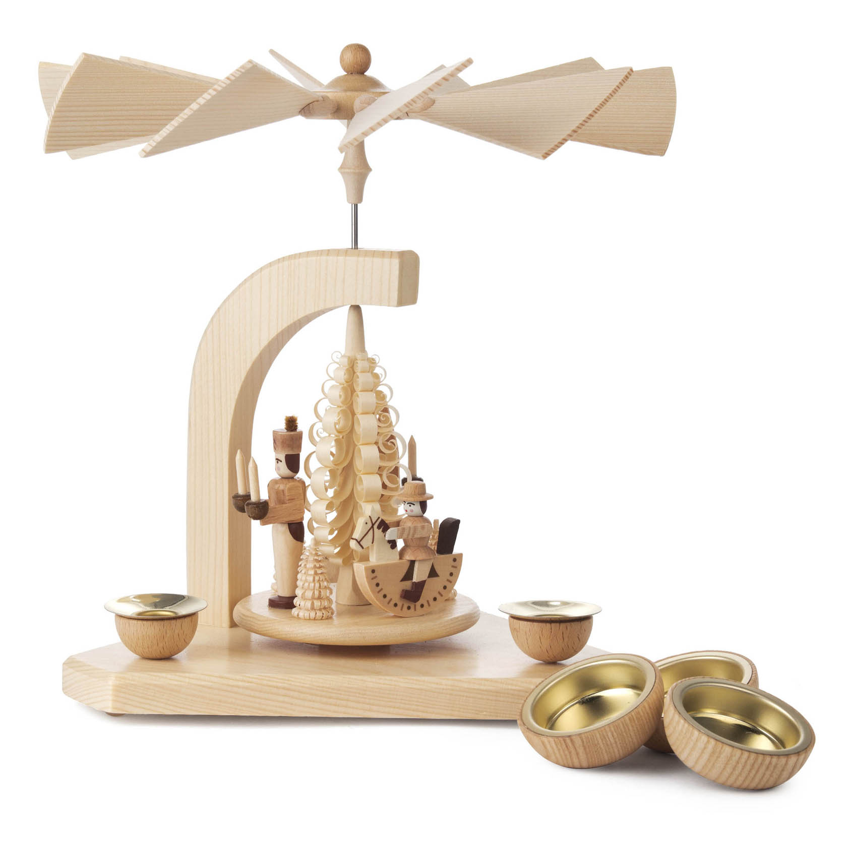 Holzpyramide mit Engel, Bergmann, Reiterlein, angetrieben durch den Luftzug von Kerzen oder Teelichtern, mit naturbelassenem Holzfinish. im Dregeno Online Shop günstig kaufen