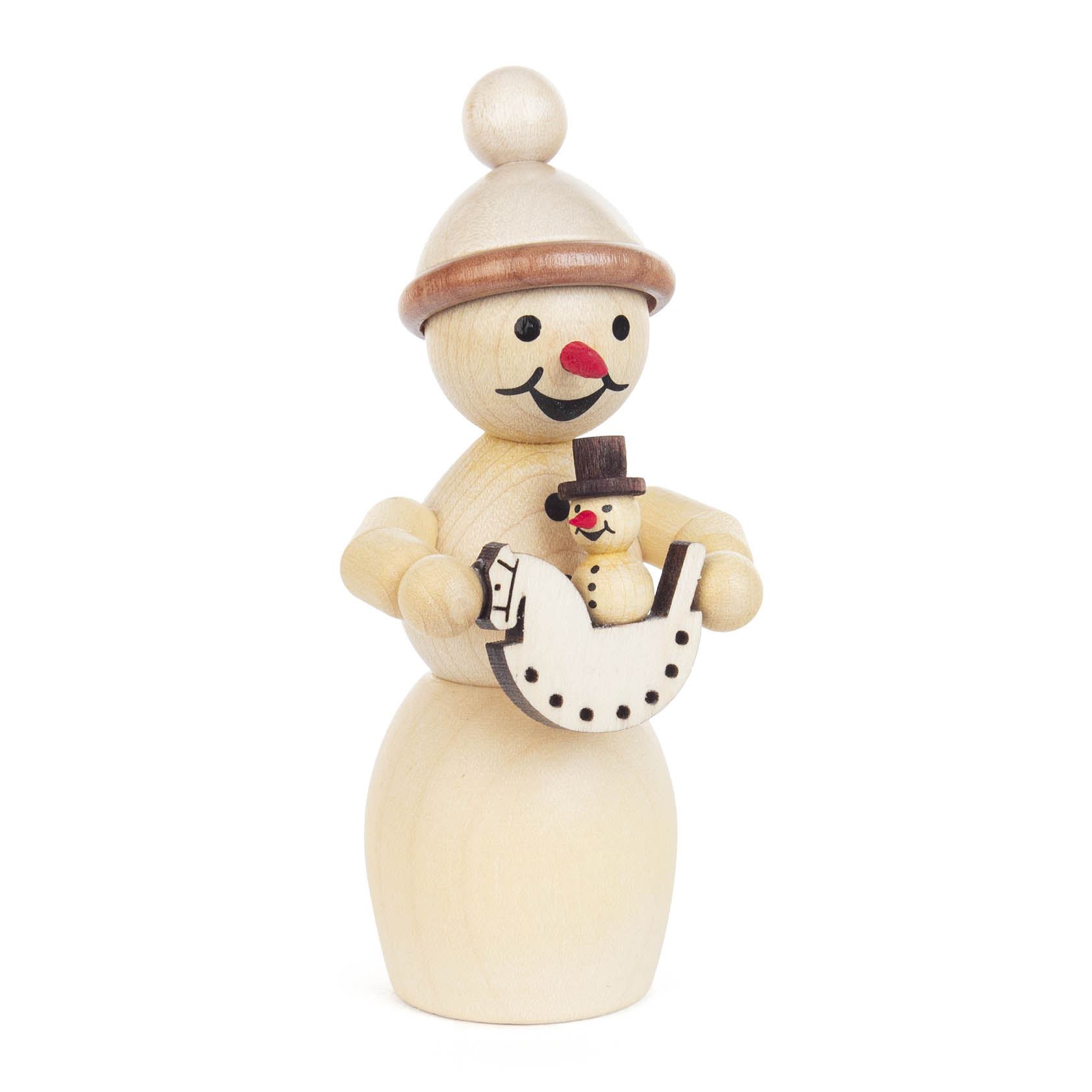 Wooden snowwoman figure with a small hat and smiling face, holding a small wooden horse toy with a tiny snowman sitting on it. im Dregeno Online Shop günstig kaufen