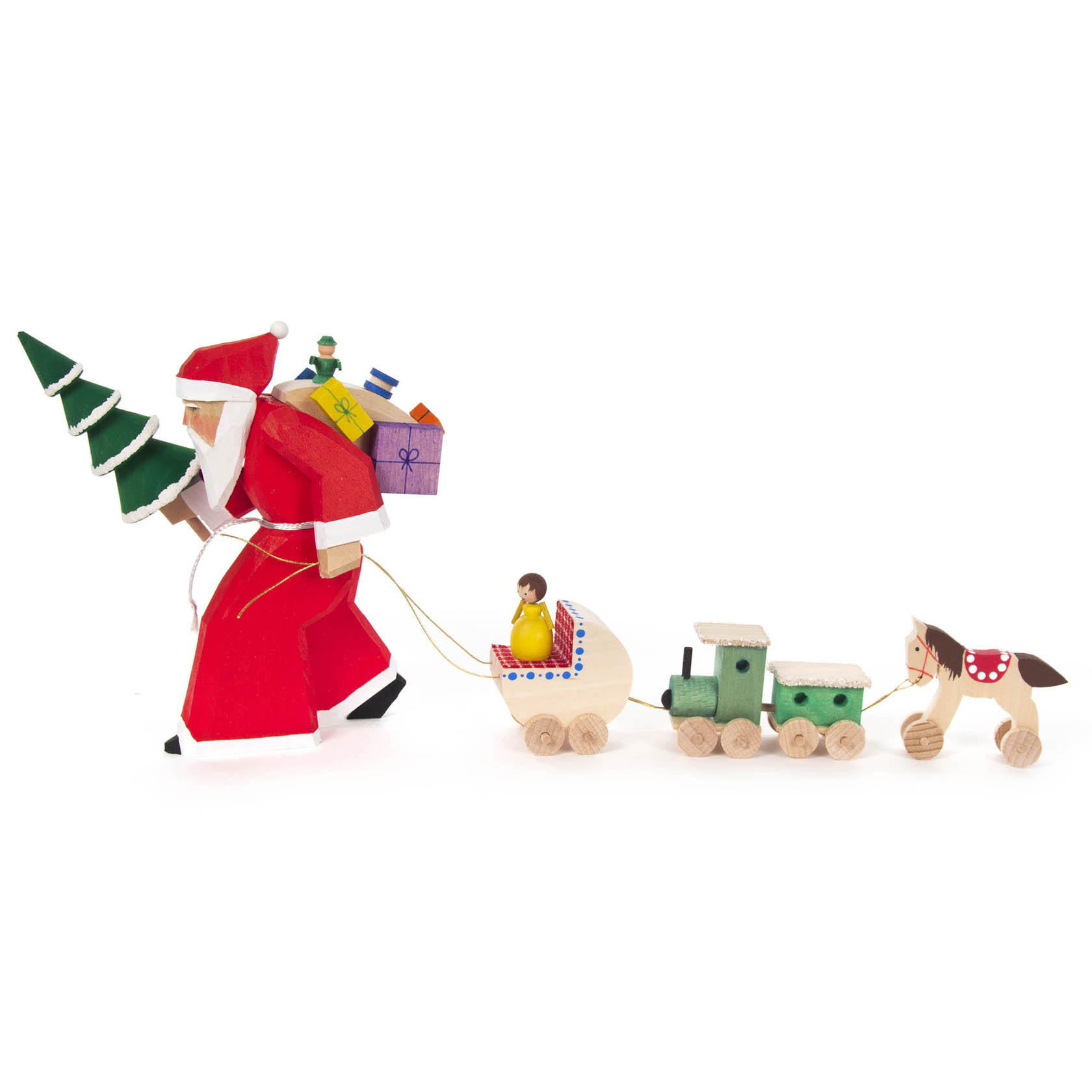 Weihnachtsmann mit Spielzeugzug, geschnitzt