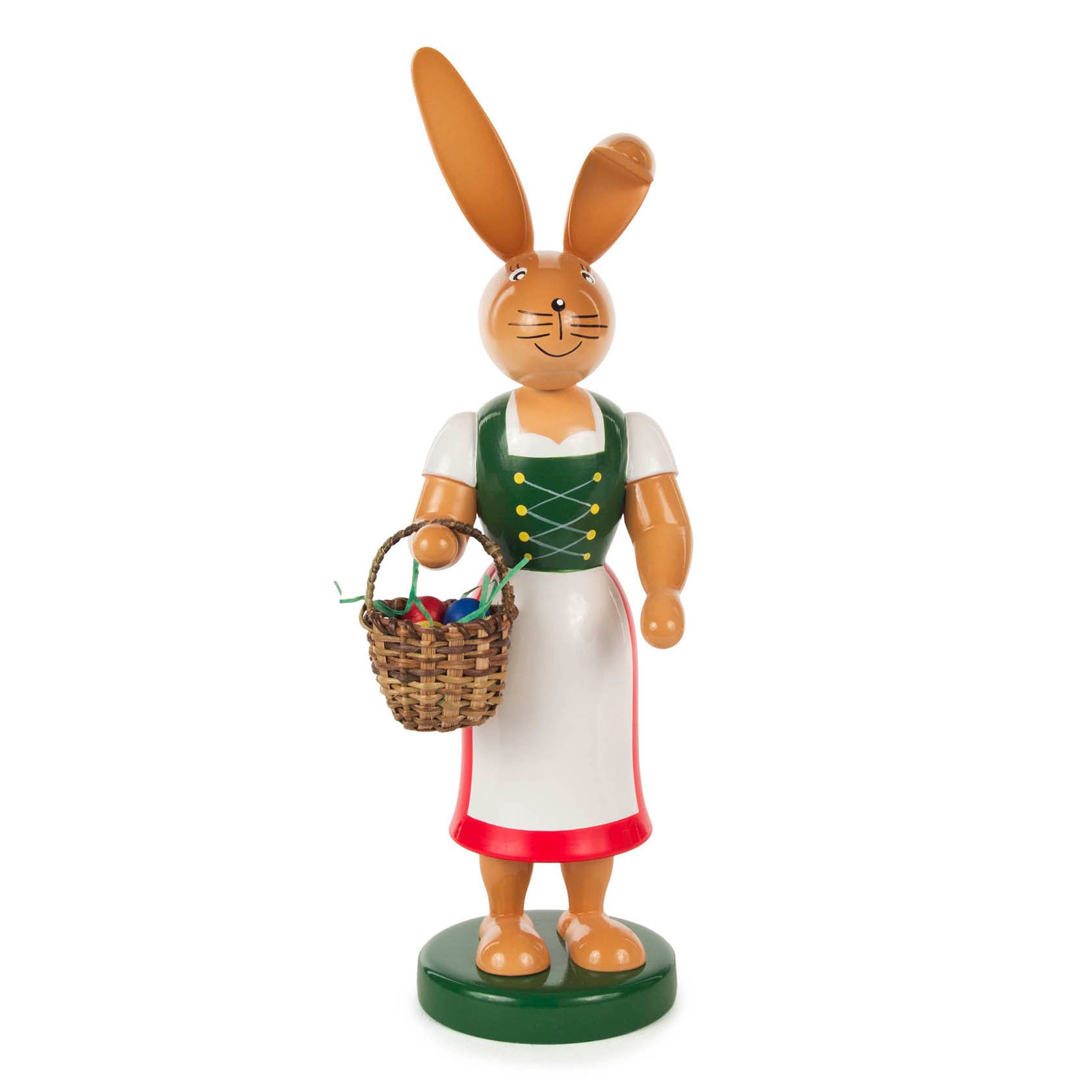 Holzfigur einer Häsin mit langem Rock, grüner Schürze und geflochtenem Korb in der Hand, 25 cm groß.
