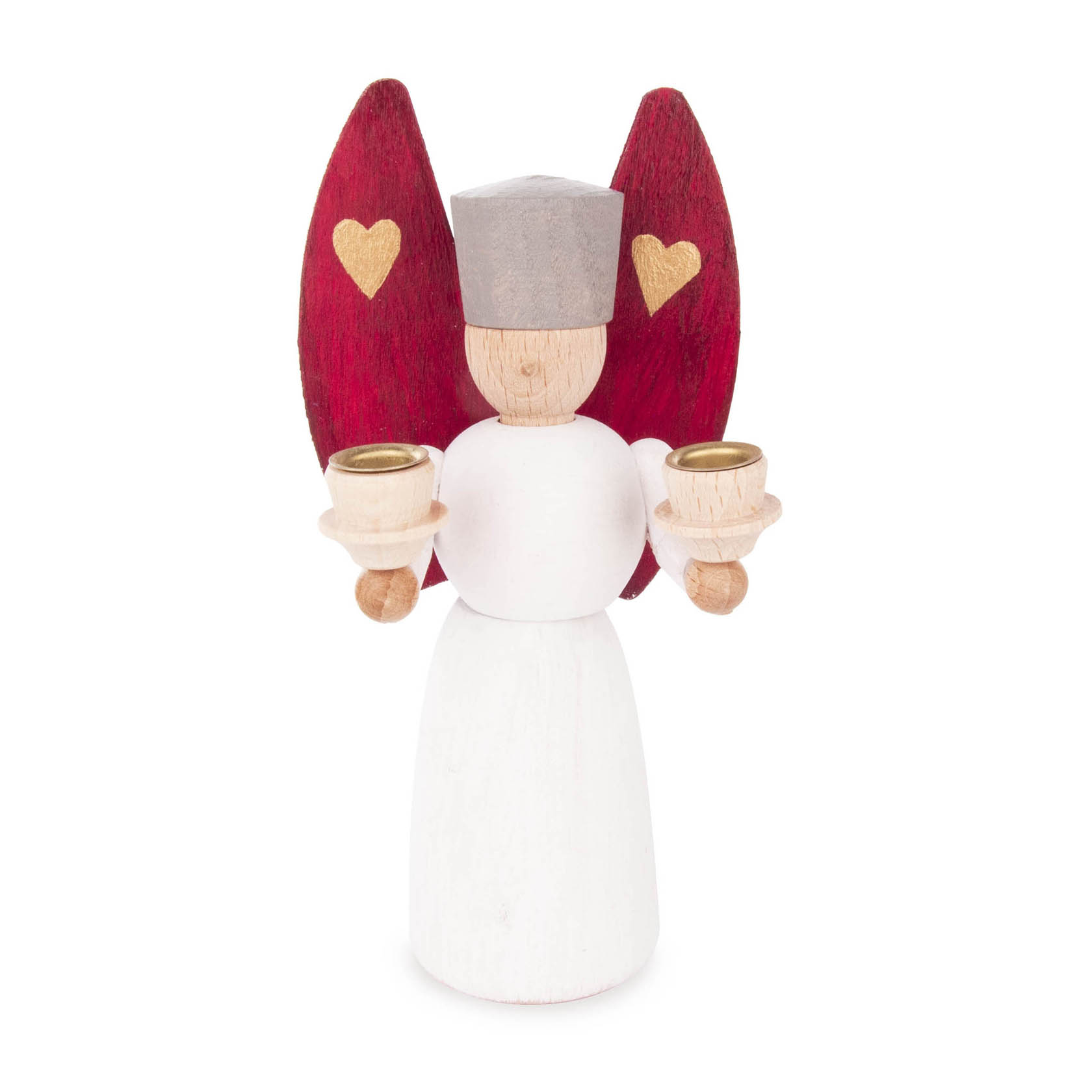 Holzfigur eines Engels mit roten Flügeln und goldenen Herzmotiven, hält zwei Kerzenhalter in den Händen. im Dregeno Online Shop günstig kaufen