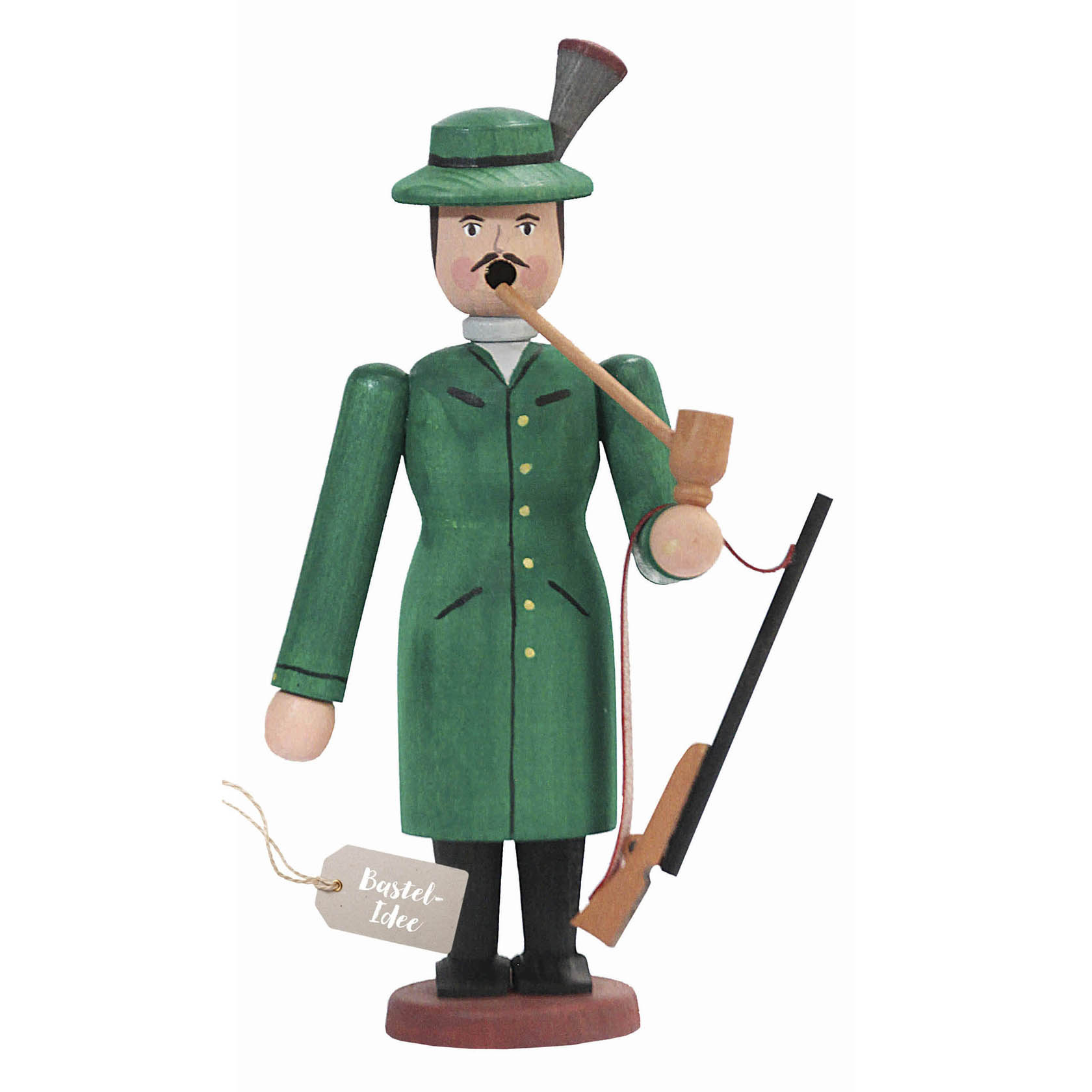 Wooden incense smoker figure resembling a traditional forest ranger, wearing a green coat and hat, holding a pipe and toy gun. im Dregeno Online Shop günstig kaufen