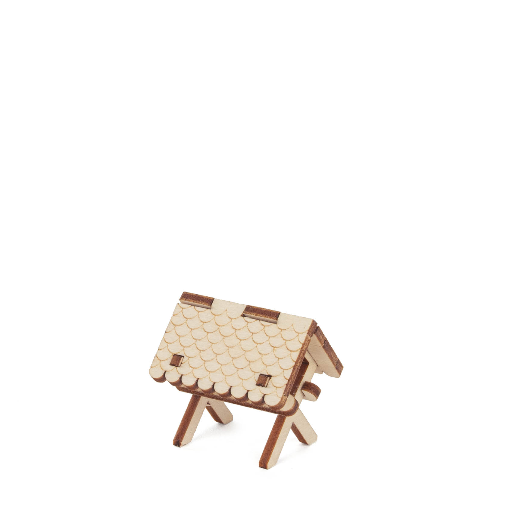 A small wooden feeder with a pitched roof, resembling a miniature barn, constructed from light-colored wood and featuring a scalloped roof design. im Dregeno Online Shop günstig kaufen