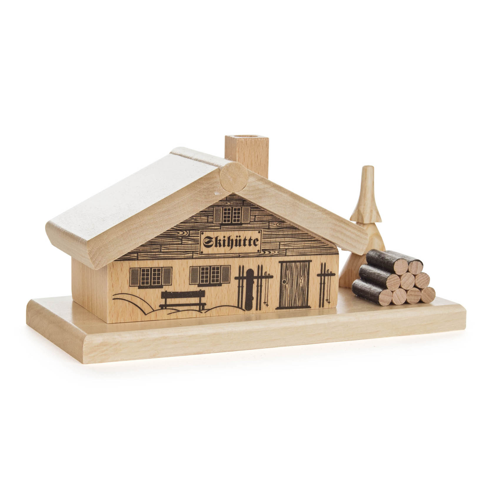 Wooden incense house styled as a ski hut with a log pile on the side and a small chimney.